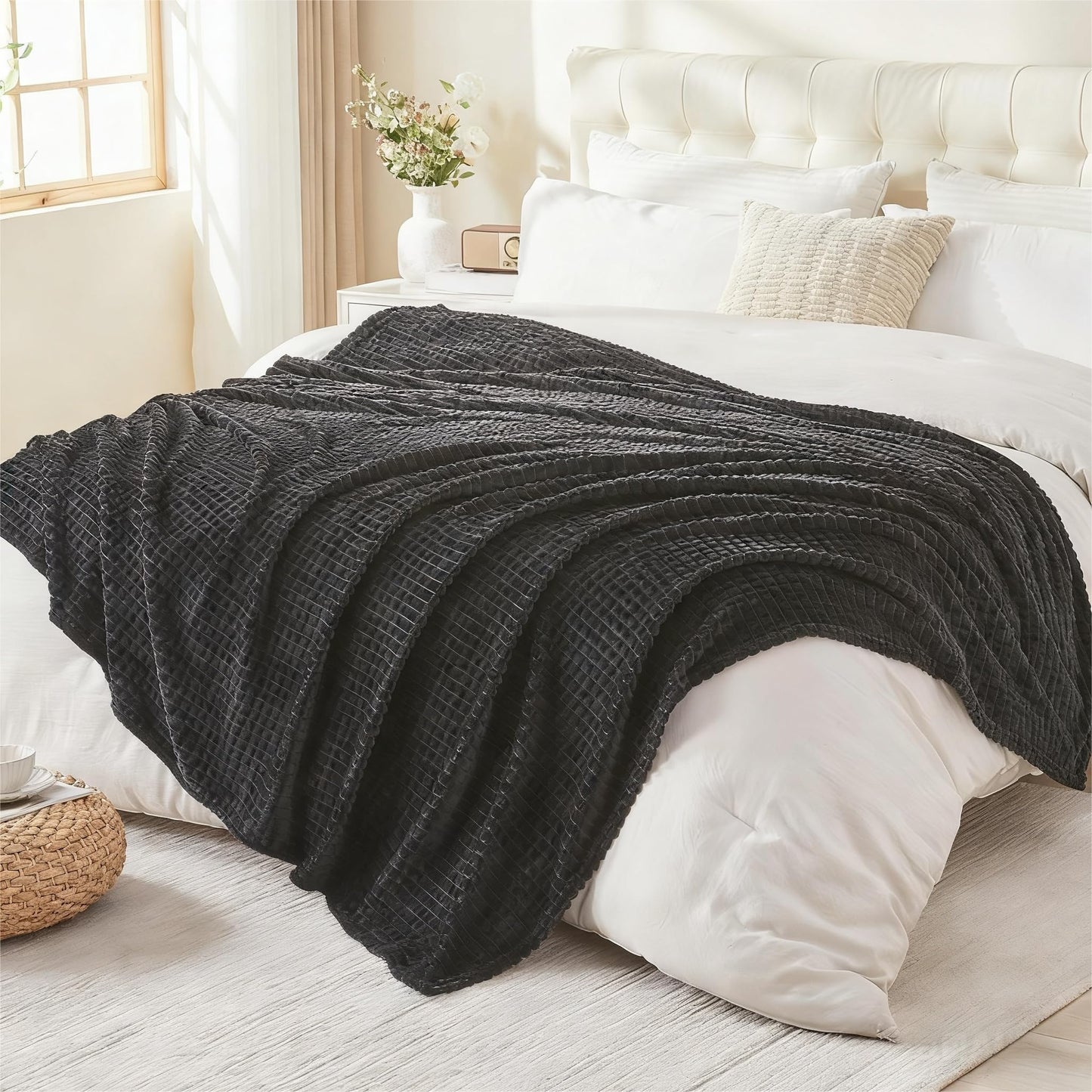 EMME Fleece Blanket, 3D Jacquard Throw Blanket for Couch and Bed, Soft Cozy and Fluffy Blankets Lightweight Luxury Flannel with Waffle Design (Navy Blue, 50" x 60") BST202