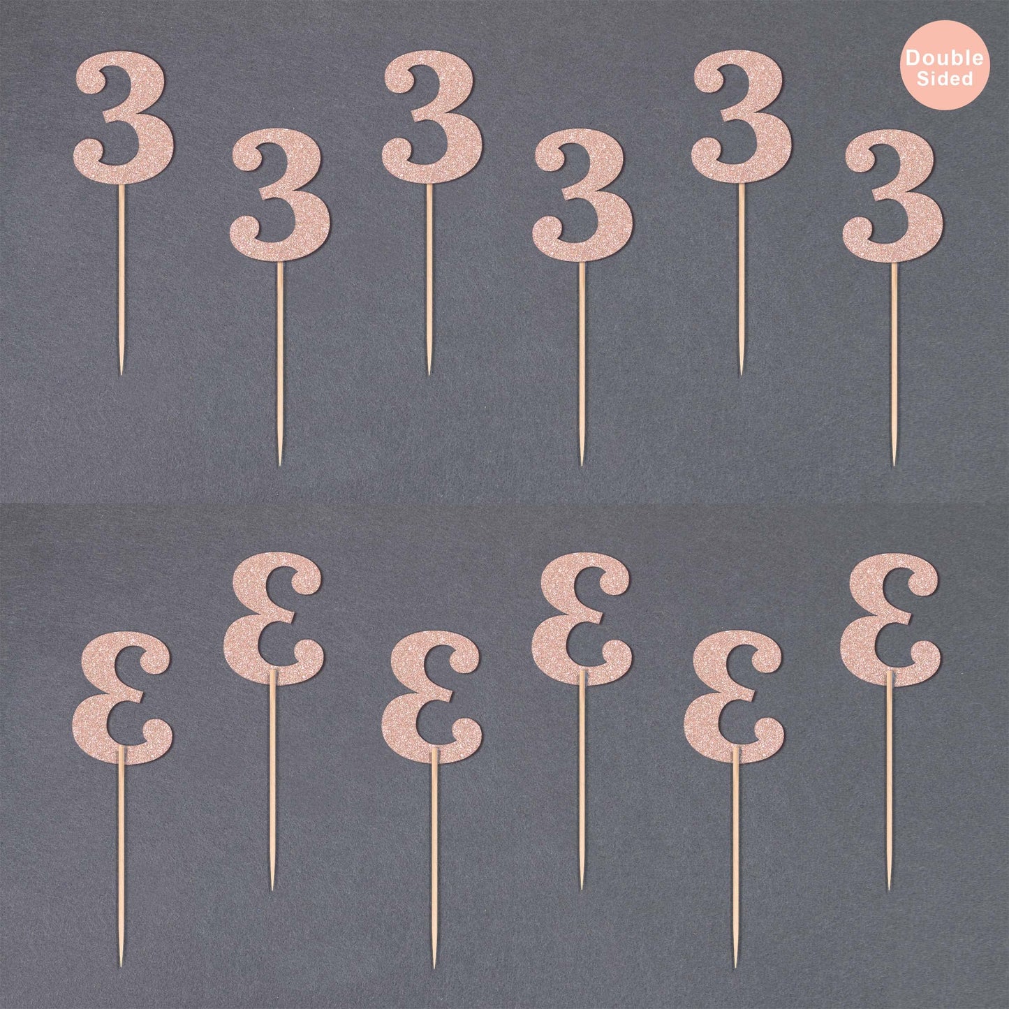 Gexolenu 24 PCS Rose Gold Double-sided 3rd Birthday Cupcake Toppers, Glitter Age THREE Cake Picks Decor, Third Happy Birthday Party Decorations Baby Shower Anniversary Party Supplies BST220