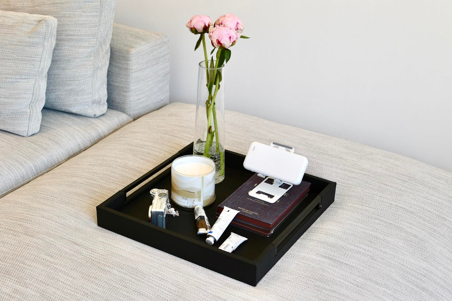 Sagala 16"x16" Ivory Shagreen Leather Serving Tray with Handles for Ottoman Coffee Table, Stylish Decorative Tray for Living Room Modern Home Decor (Ivory-Black, Square 16") BST220