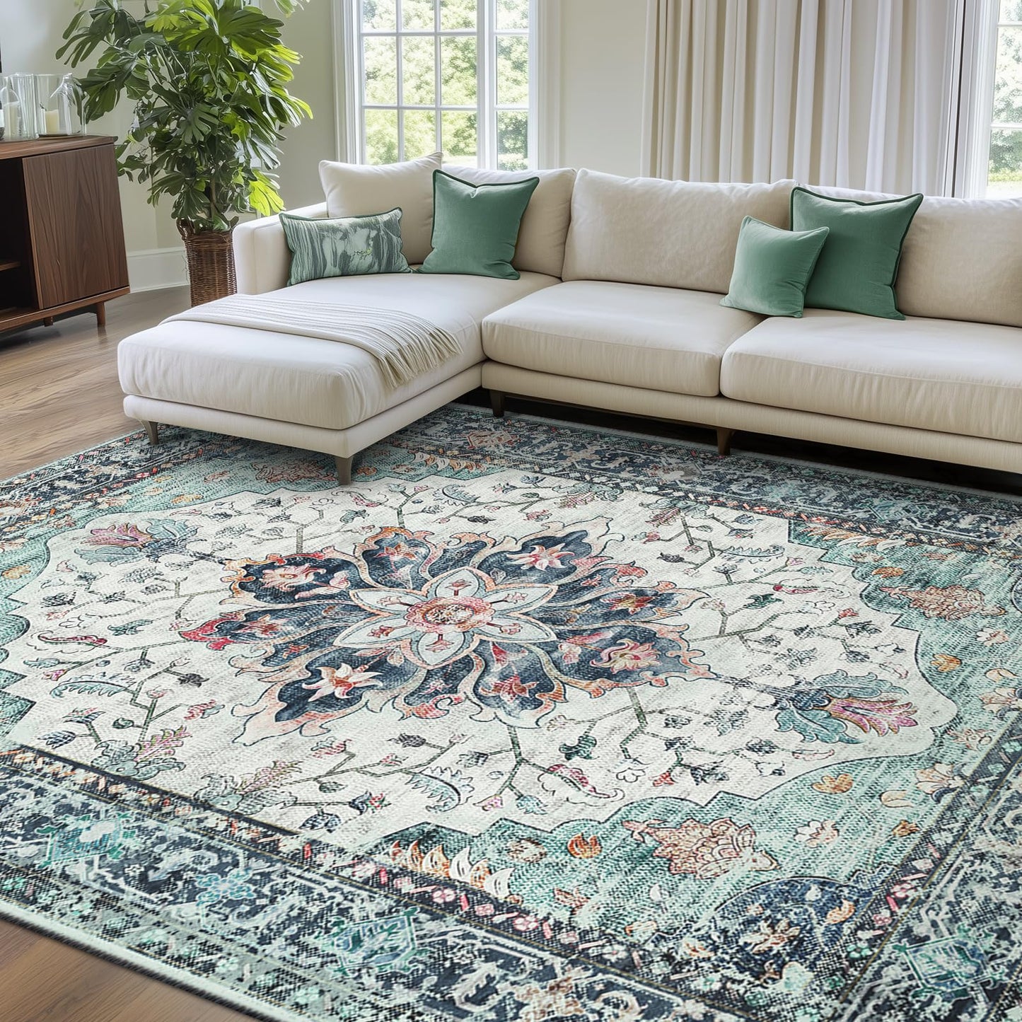 RELEANY Area Rugs Runner 2'x6' Washable Non-Slip, Floral Vintage Distress Medallion Carpet for Kitchen Hallway Bedroom Beside Laundry Room Bathroom, Teal Green Lake Blue Turquoise DD1210