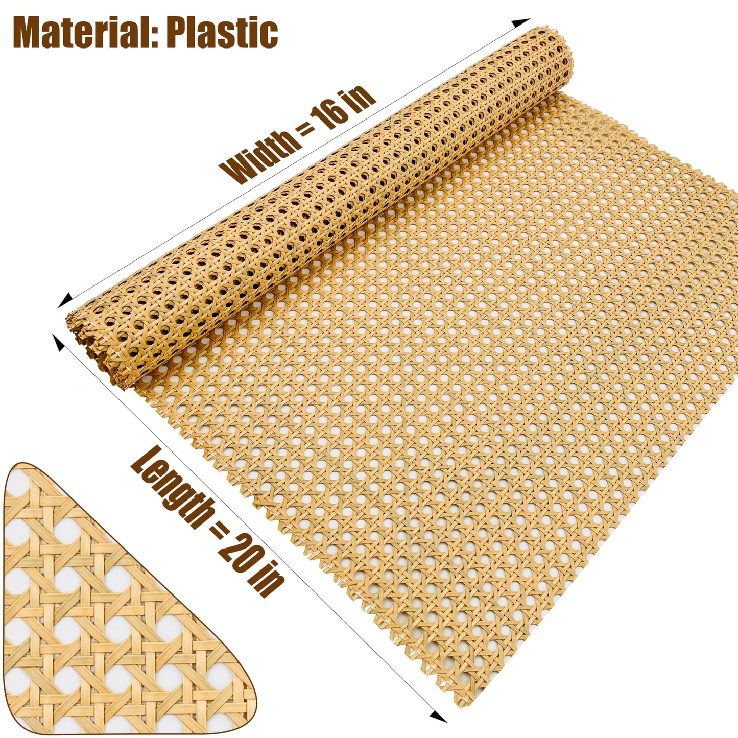 Plastic Rattan Webbing Roll, Handwoven Synthetic Poly Rattan, Faux Cane Mesh-Open Weave, Hexagonal Pattern, for DIY Home Decor Projects incl. Furnitures Chairs Cabinets Beds (16'' x 80'') BST220