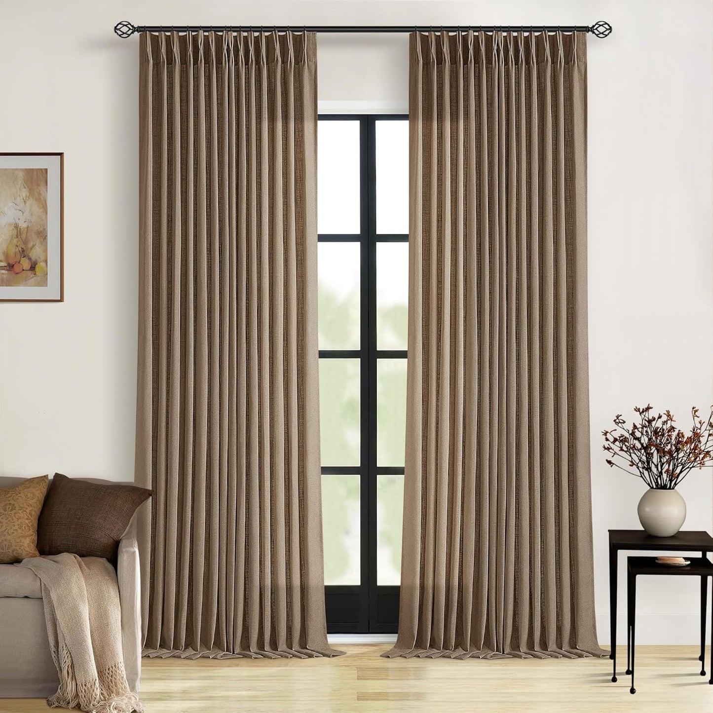 TWODRAPES Brown Pleated Linen Curtains 96 Inches Long Living Room 2 Panel Set Semi Sheer Light Filtering Pinch Pleat with Rings Hooks Drapes Boho Rustic Farmhouse Dutch Cocoa Curtain Bedroom Window