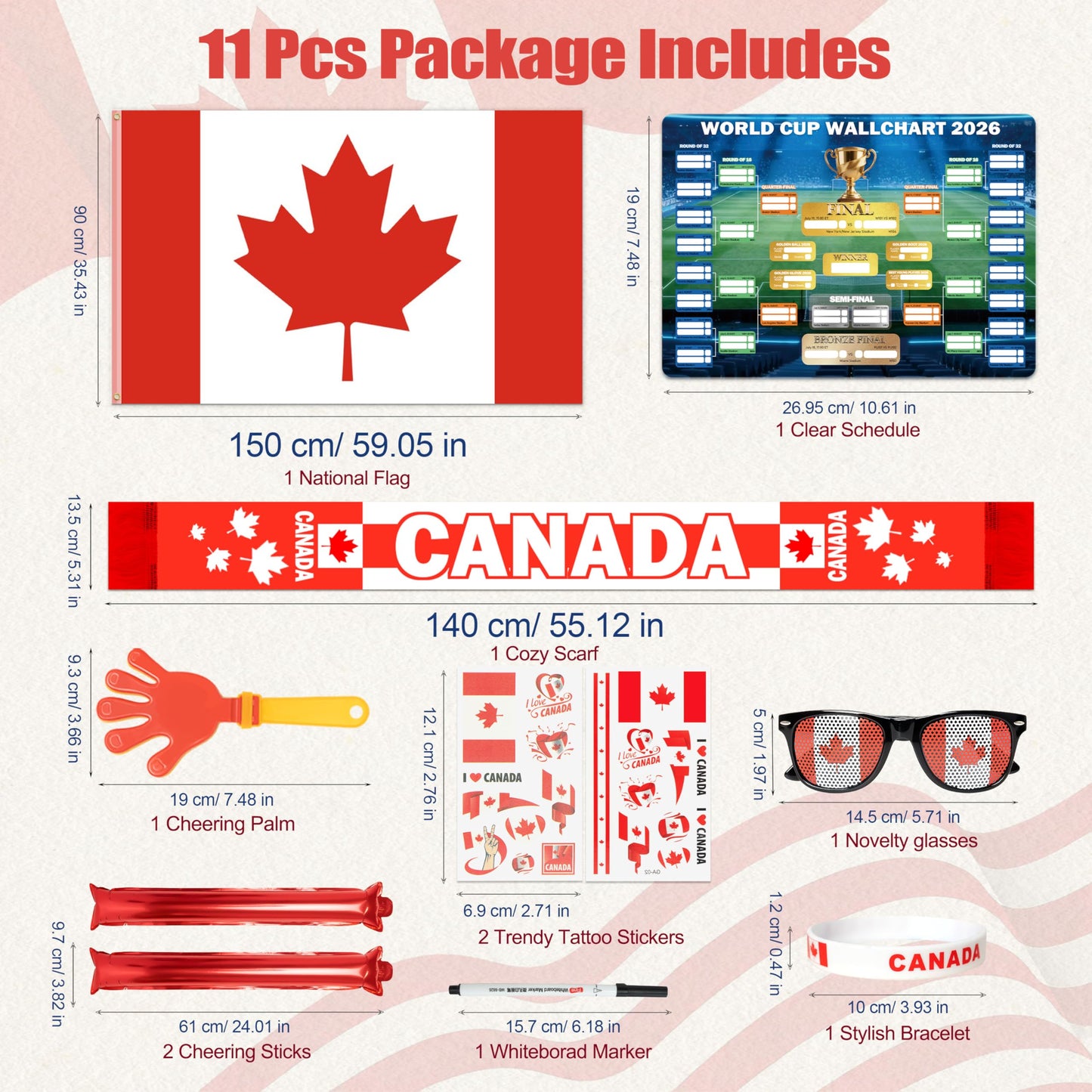 World Cup 2026 Fan Accessories with Large 3x5 ft Flag, Match Tracker Poster, Stickers, Cheering Sticks, Clapper & Scarf, World Cup Decorations Fan kit for Soccer Watch Party, Stadium and Home Cheering BST202