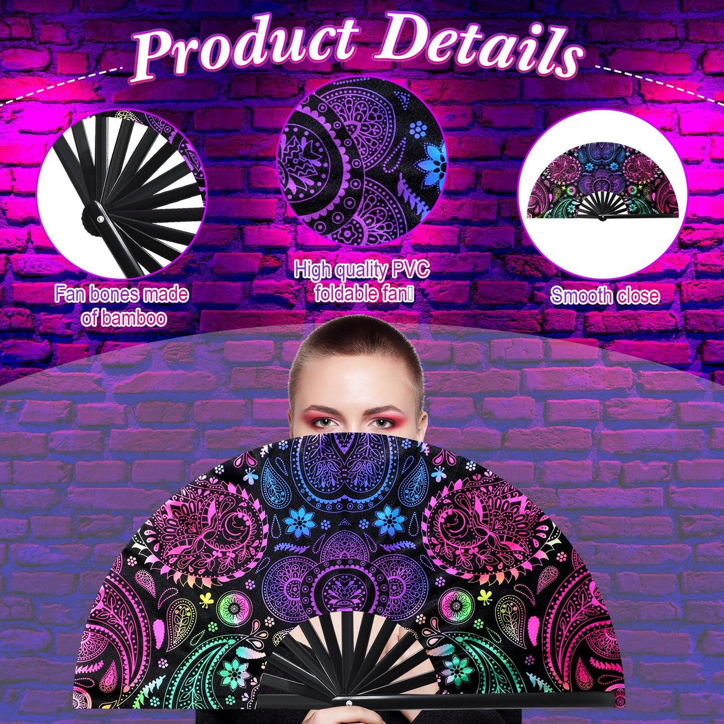 FairySandy Large Rave Fan UV Glow Clack Summer Hand Fan with Thigh Holster for Women Carnival Party Supplies for Carnival Edm Music Festival Club Accessories(Cool Style,Black) WN420