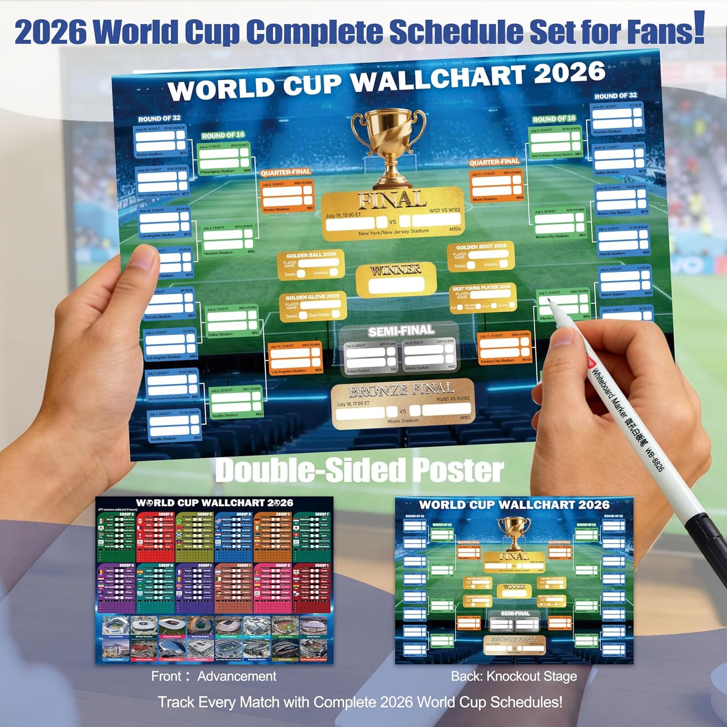 World Cup 2026 Fan Accessories with Large 3x5 ft Flag, Match Tracker Poster, Stickers, Cheering Sticks, Clapper & Scarf, World Cup Decorations Fan kit for Soccer Watch Party, Stadium and Home Cheering BST202
