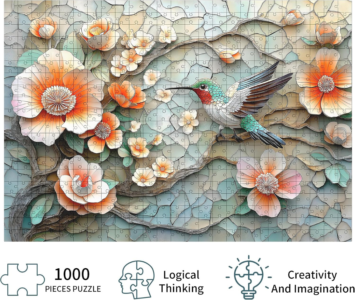 Puzzles for Adults 1000 Pieces, Flower Mosaic Jigsaw Puzzles - Hummingbird in Blossom, Piece Relax Puzzles for Family WN420