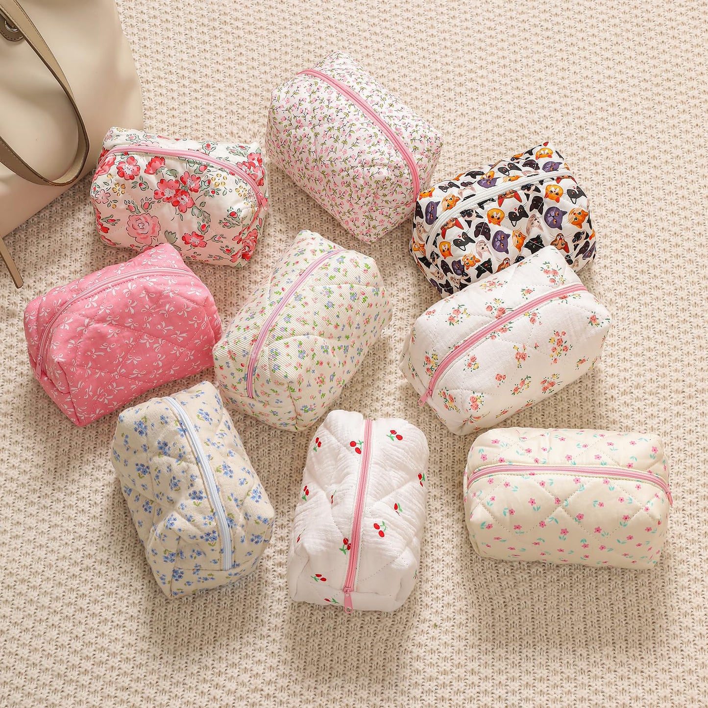 Cute Small Floral Cotton Makeup Bag, Quilted Zipper Pouch with Coquette Bear for Women and Girls, Kawaii Travel Cosmetic Bags for Purse(07Yellow and Pink Flower) BST220
