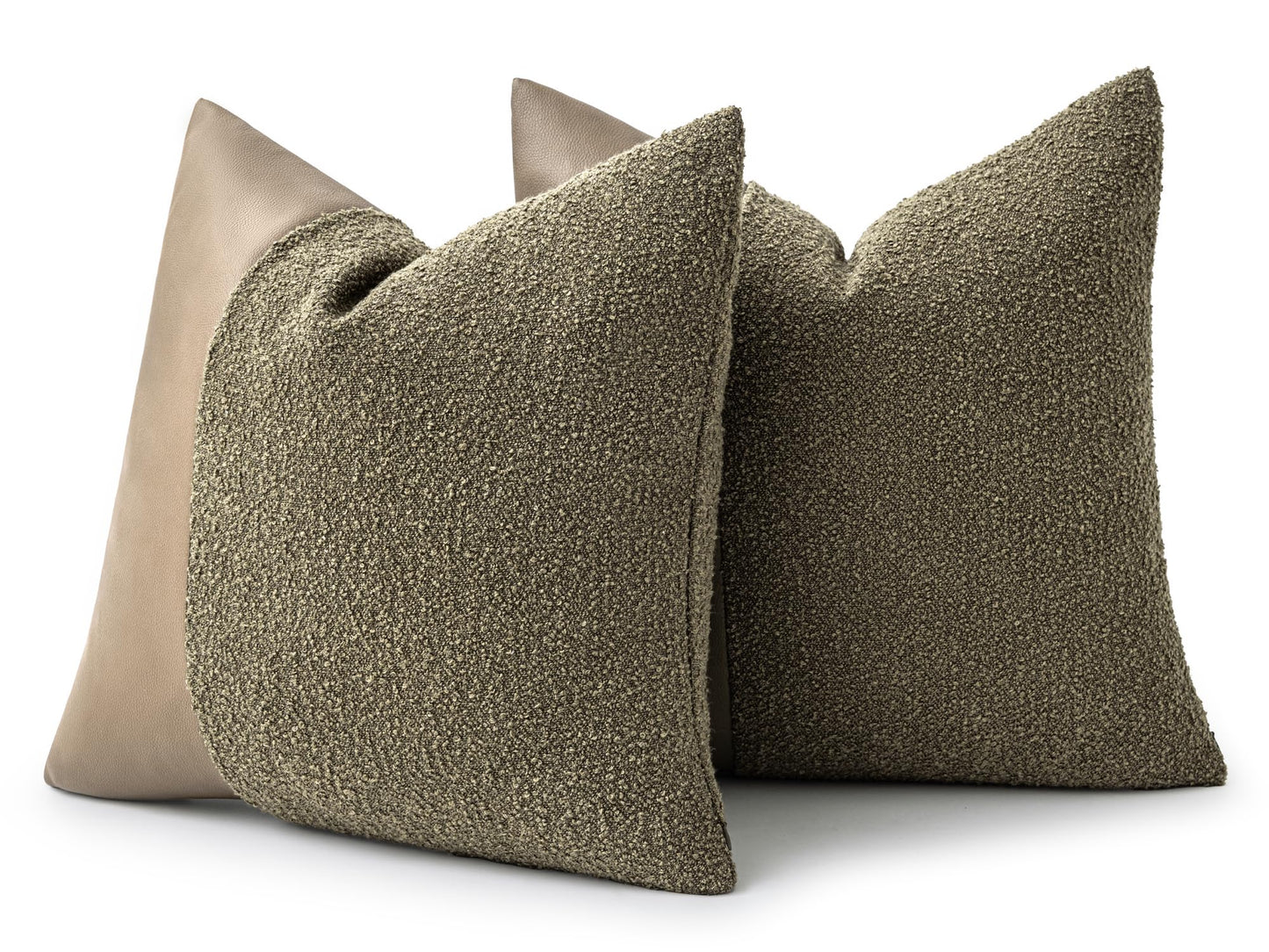 Set of 2 Fluffy Boucle Pillow Covers 18"x18", Oatmeal Textured Throw Pillow Covers with Faux Leather Accents, Boho Decorative Pillow Cases for Couch, Bed, or Farmhouse Home Decor BST220