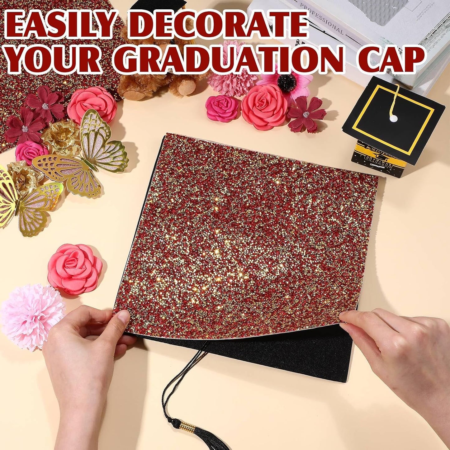 Gersoniel Graduation Cap Decorations 3 Sheets Bling Rhinestone Stickers 10 x 10 Inch Self-adhesive for Grad Hat Topper Craft DIY(Gold,Red) WN420