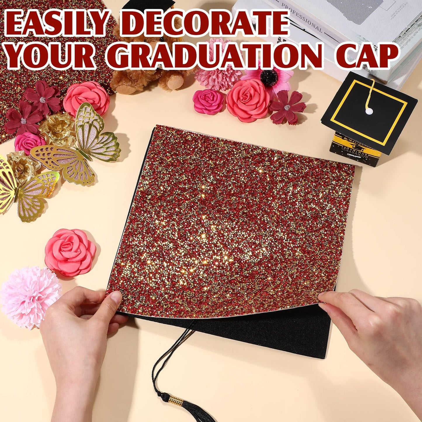 Gersoniel Graduation Cap Decorations 3 Sheets Bling Rhinestone Stickers 10 x 10 Inch Self-adhesive for Grad Hat Topper Craft DIY(Gold,Red) WN420