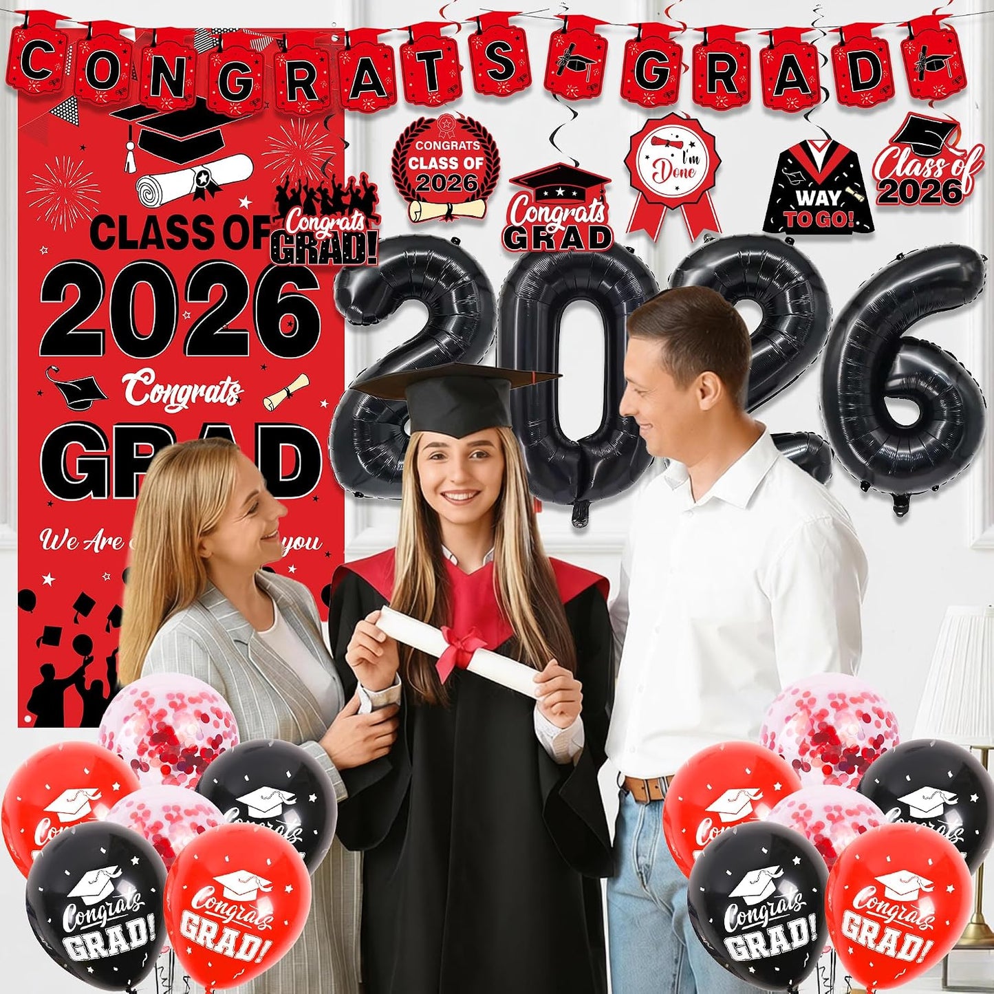 Class Of 2026 Graduation Decorations - 26 Pcs Red Black Congrats Grad Banners Vertical Backdrop Hanging Swirls Number Foil Balloons for Boys Girls High School College Grad Party Decoration Supplies BST220