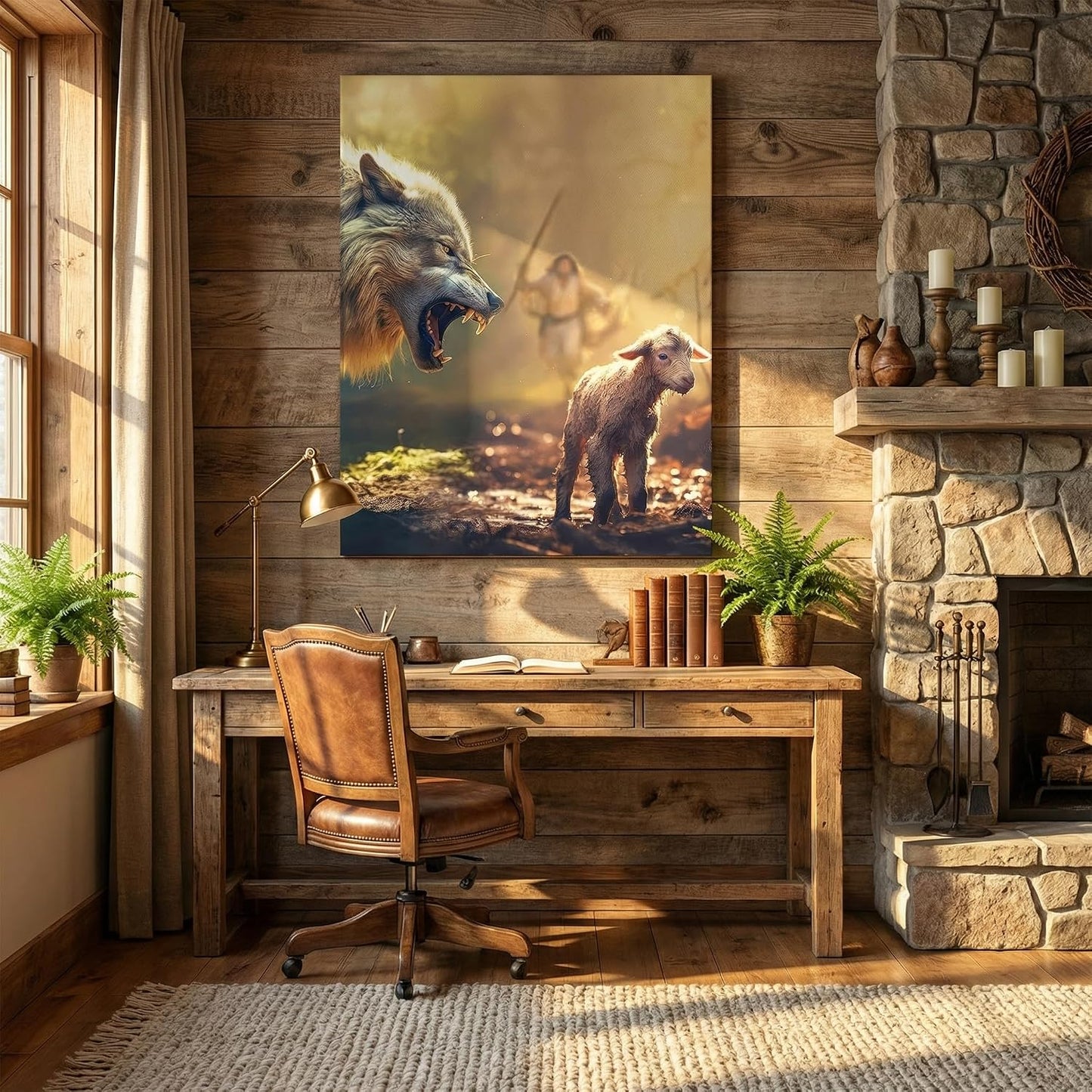 KKJ Jesus Saves The Lamb Canvas Wall Art | Jesus Running Towards Wolf & Lamb Picture, Christian Poster Print Painting, Living Room Bedroom Church Decor, Home Decoration BST326H