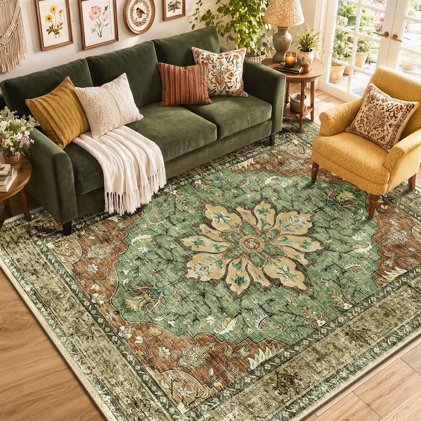 RELEANY Area Rugs Runner 2'x6' Washable Non-Slip, Floral Vintage Distress Medallion Carpet for Kitchen Hallway Bedroom Beside Laundry Room Bathroom, Teal Green Lake Blue Turquoise DD1210