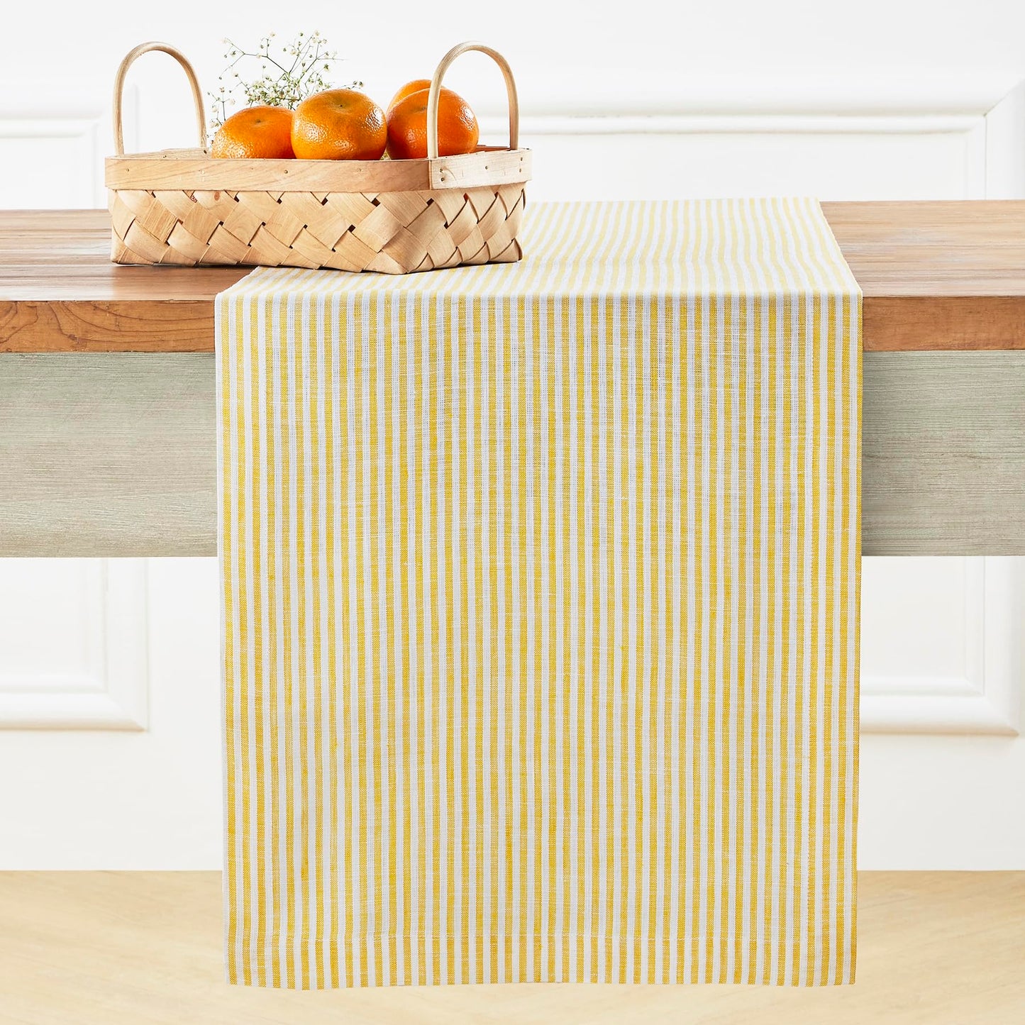 Solino Home 100% Pure Linen Table Runner Stripe Striped, Julia 14 x 72 in | Table Runners for dining, hallway and console tables; woven stripe, mitered corners; Muted Pastel Stripe; OEKO-TEX Certified BST326SOLH