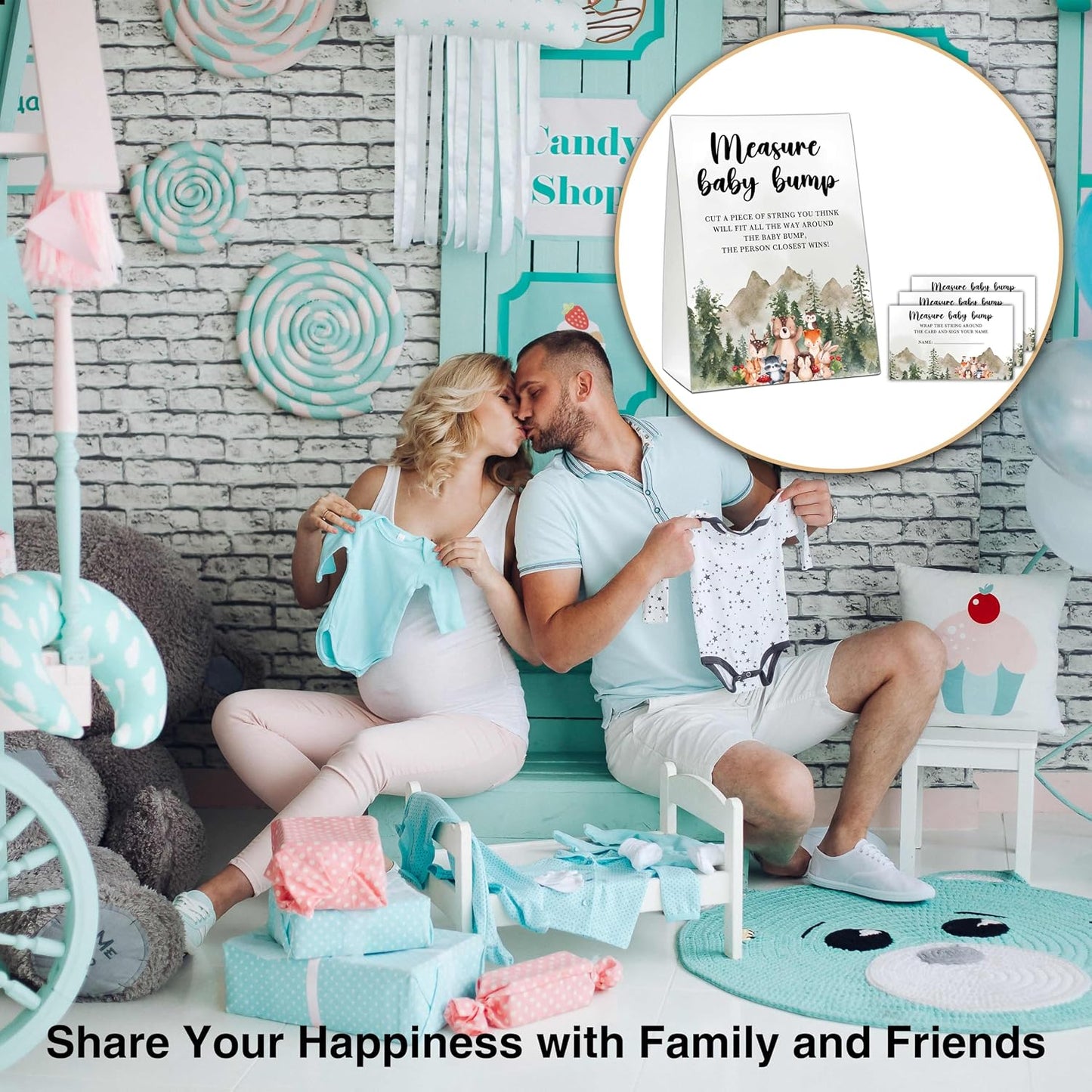 Woodland Baby Shower Game, Jungle Animal Safari Measure Baby Bump, 1 Standing Sign with 50 Cards for Gender Neutral Shower - A02 BST326L