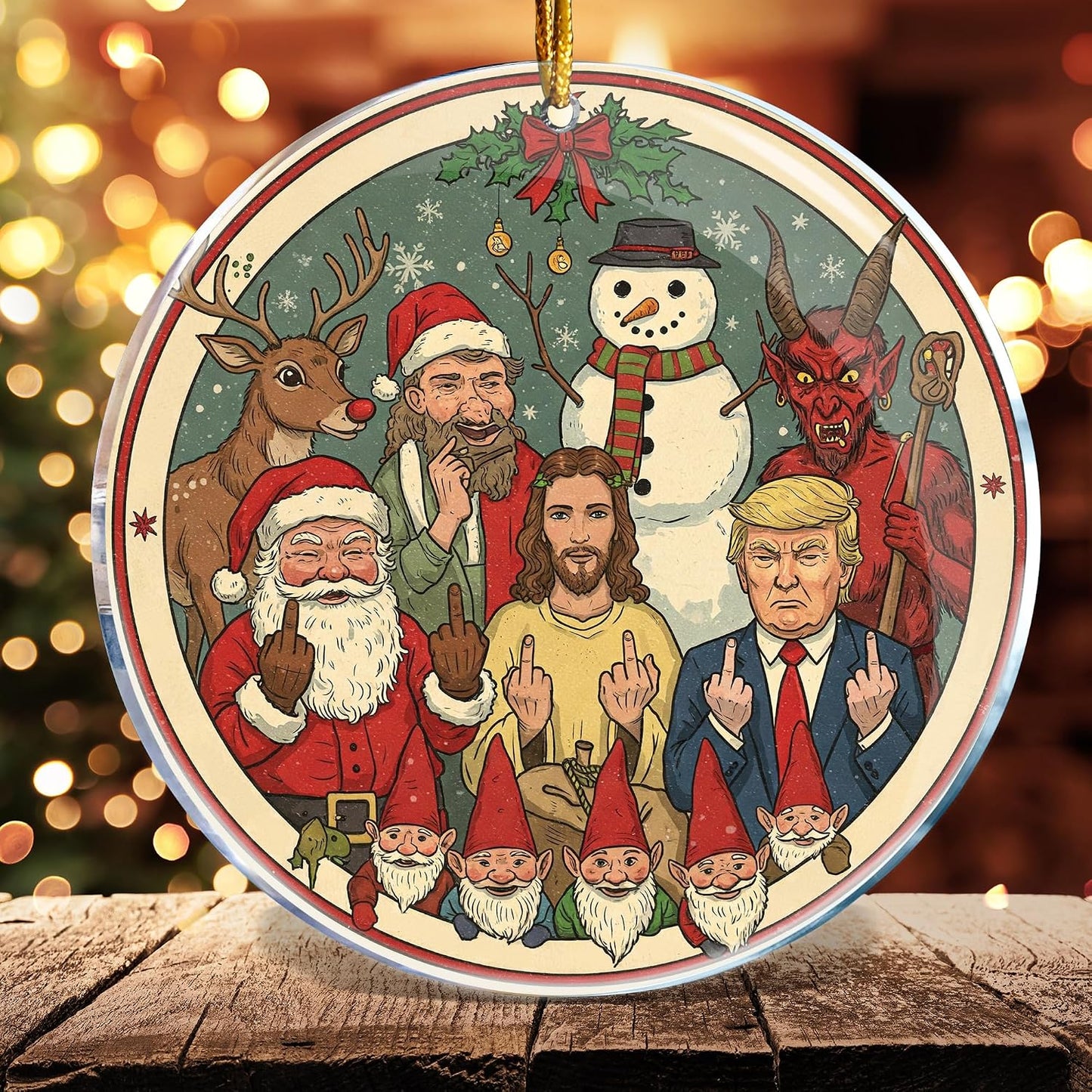 Santa Jesus Gnomes Rudolph Snowman Krampus Middle Finger Naughty Double Bird - Christmas Ornaments - Christmas Decorations - 3.6 in Acrylic - Funny Gag Gifts - White Elephant - Stocking Stuffers BST220