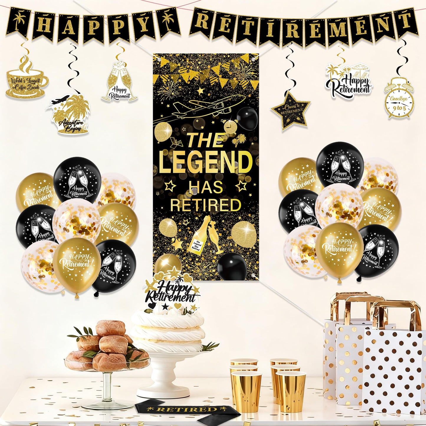 Happy Retirement Party Decorations Women - 33 Pcs Black Rose Gold Banners Hanging Swirls Glitter Cupcake Cake Toppers Backdrop Sparkling Sash Confetti Balloons for Retire Decoration Party Supplies BST326L