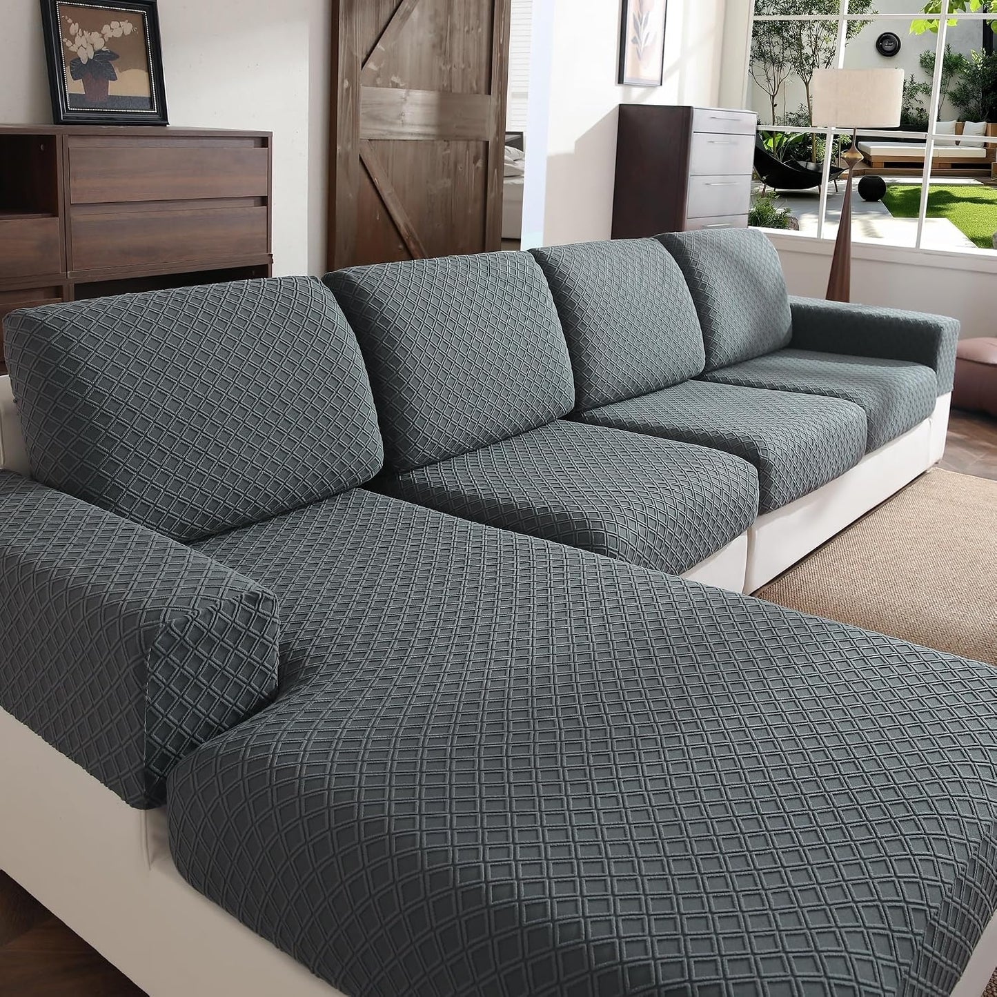 OHSIO Couch Cover, Stretch Sofa Cover, Soft Seat Cushion Covers Washable, Sectional L Shape Sofa Slipcover, Wear Stain Resistant Pet Friendly Furniture Protector for Home (1 Seat Cover L, Dark Gray) BST326H
