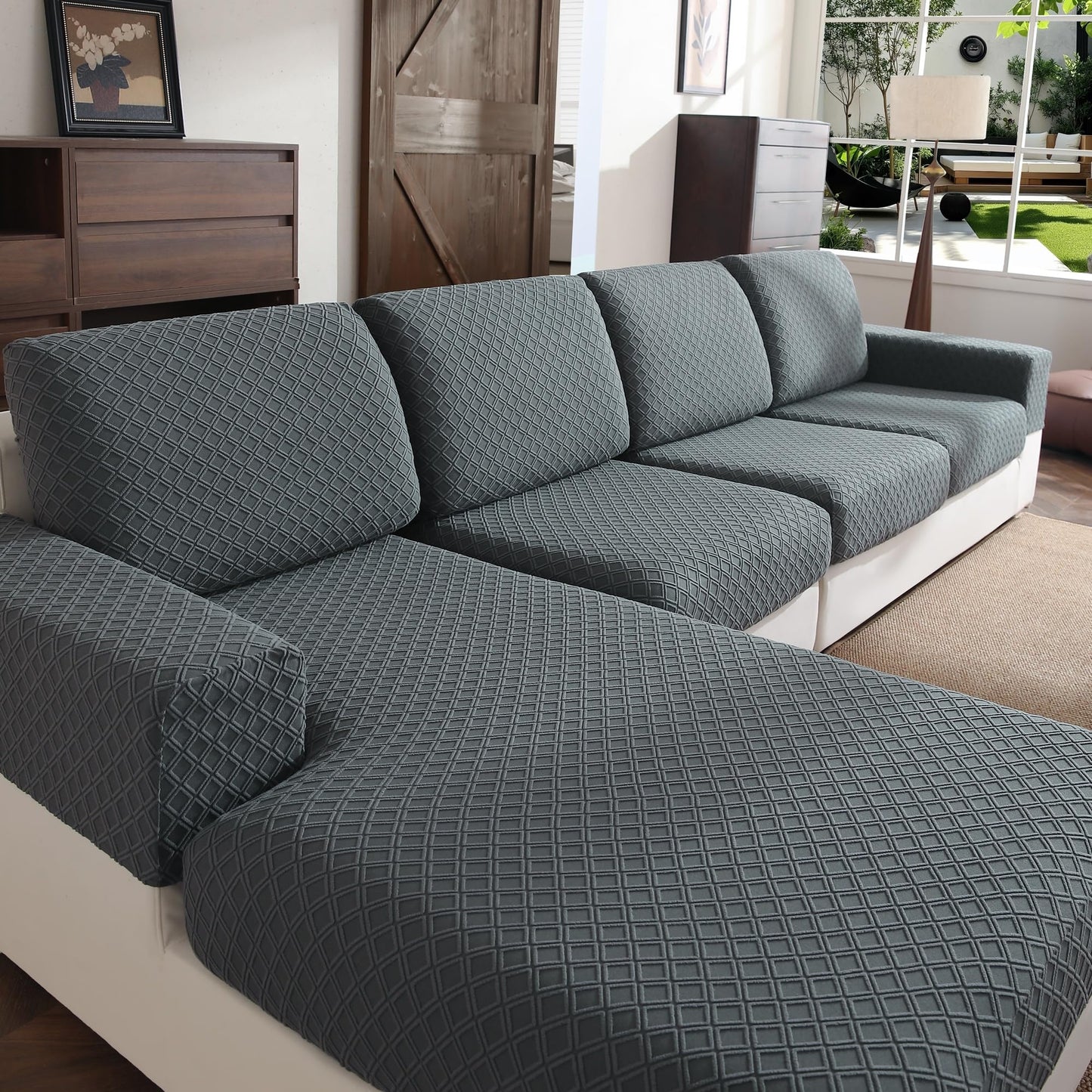 OHSIO Couch Cover, Stretch Sofa Cover, Soft Seat Cushion Covers Washable, Sectional L Shape Sofa Slipcover, Wear Stain Resistant Pet Friendly Furniture Protector for Home (1 Seat Cover L, Dark Gray) BST326H