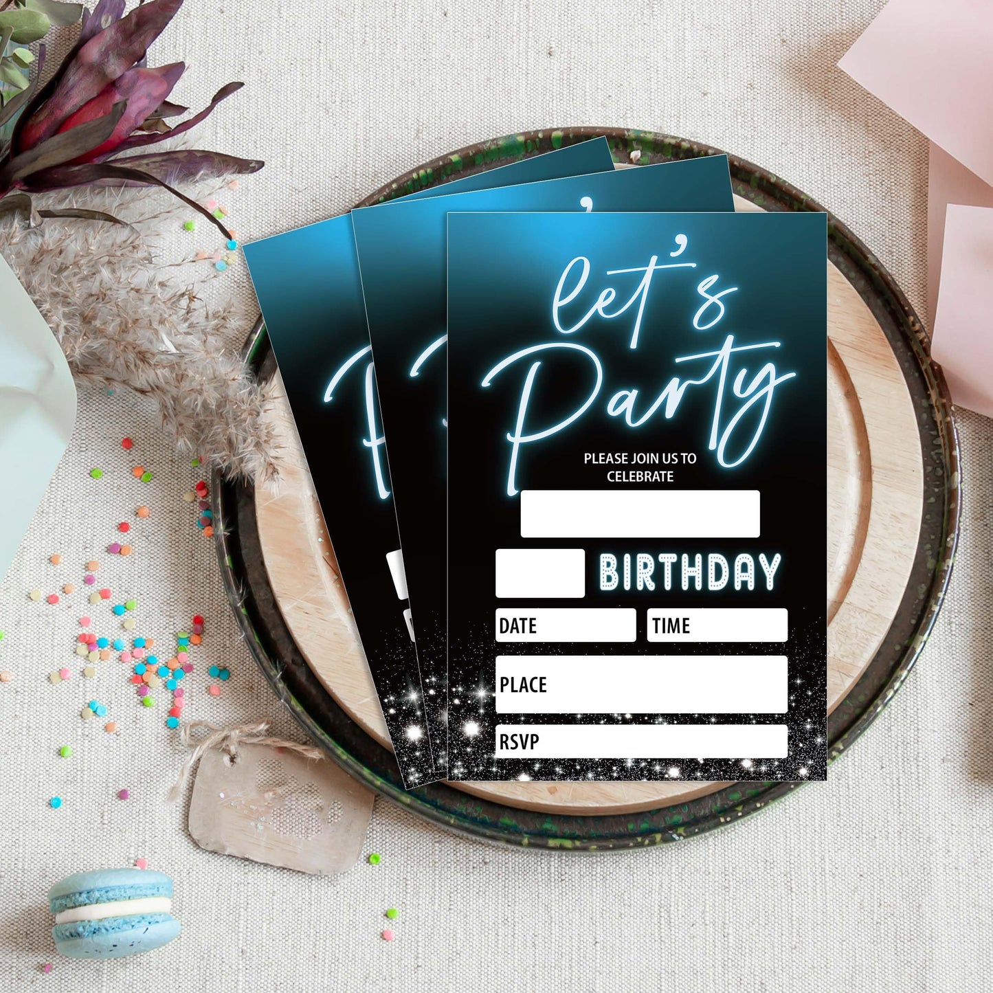 Let's Party! Gold Birthday Invitations, 4x6 Inch, 20Pcs Double-Sided Fill-In Cards & Envelopes for Boys, Girls, Birthday Parties WN420