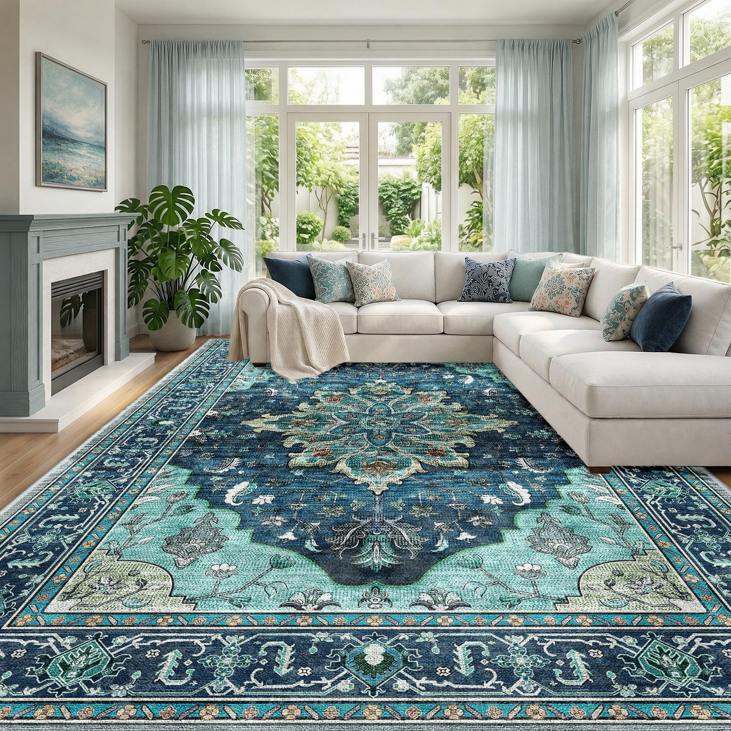 RELEANY Area Rugs Runner 2'x6' Washable Non-Slip, Floral Vintage Distress Medallion Carpet for Kitchen Hallway Bedroom Beside Laundry Room Bathroom, Teal Green Lake Blue Turquoise DD1210