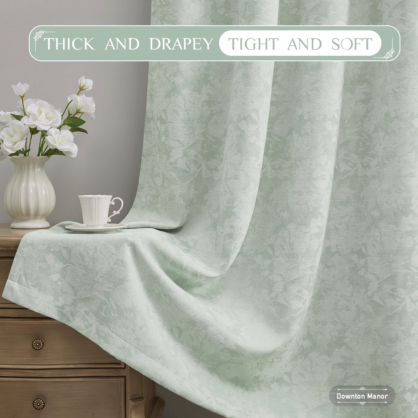 Beauoop Green Floral Jacquard Blackout Curtains 90 Inches Long 2 Panels for Bedroom Living Room Sage Flower Chenille Room Darkening Thermal Insulated Soundproof Grommet Window Treatments Drapes, 52x90 BST220