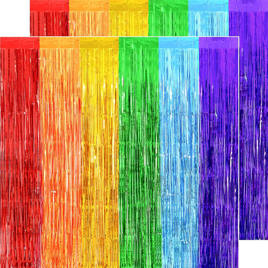 Back to School Decorations, 3.2x8.2 FT Thicken Rainbow Party Streamers Foil Fringe Backdrop Curtains 4 Pack BST326H