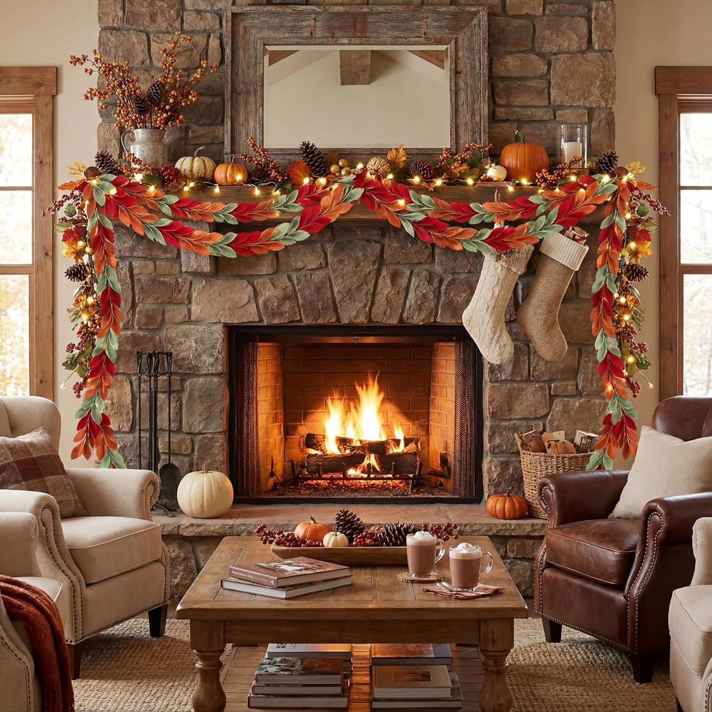Suncalla 6 Pcs 72" Red Felt Garland Leaves Decorations for Home, Tree Felt Garland, New Year 540 Red Green Leaves Banner, Fall Rattan for New Year Themed Party, Mantel Wall Home Decoration WN420