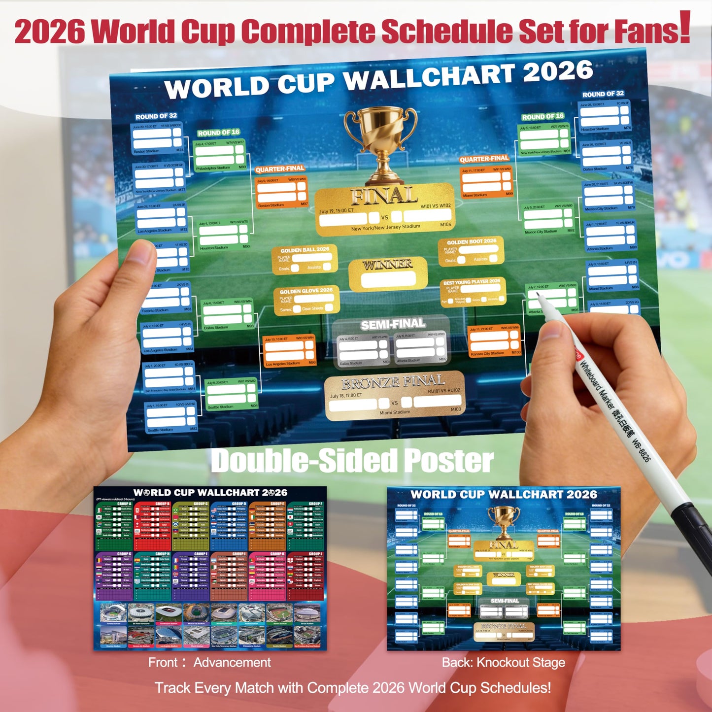 World Cup 2026 Fan Accessories with Large 3x5 ft Flag, Match Tracker Poster, Stickers, Cheering Sticks, Clapper & Scarf, World Cup Decorations Fan kit for Soccer Watch Party, Stadium and Home Cheering BST202