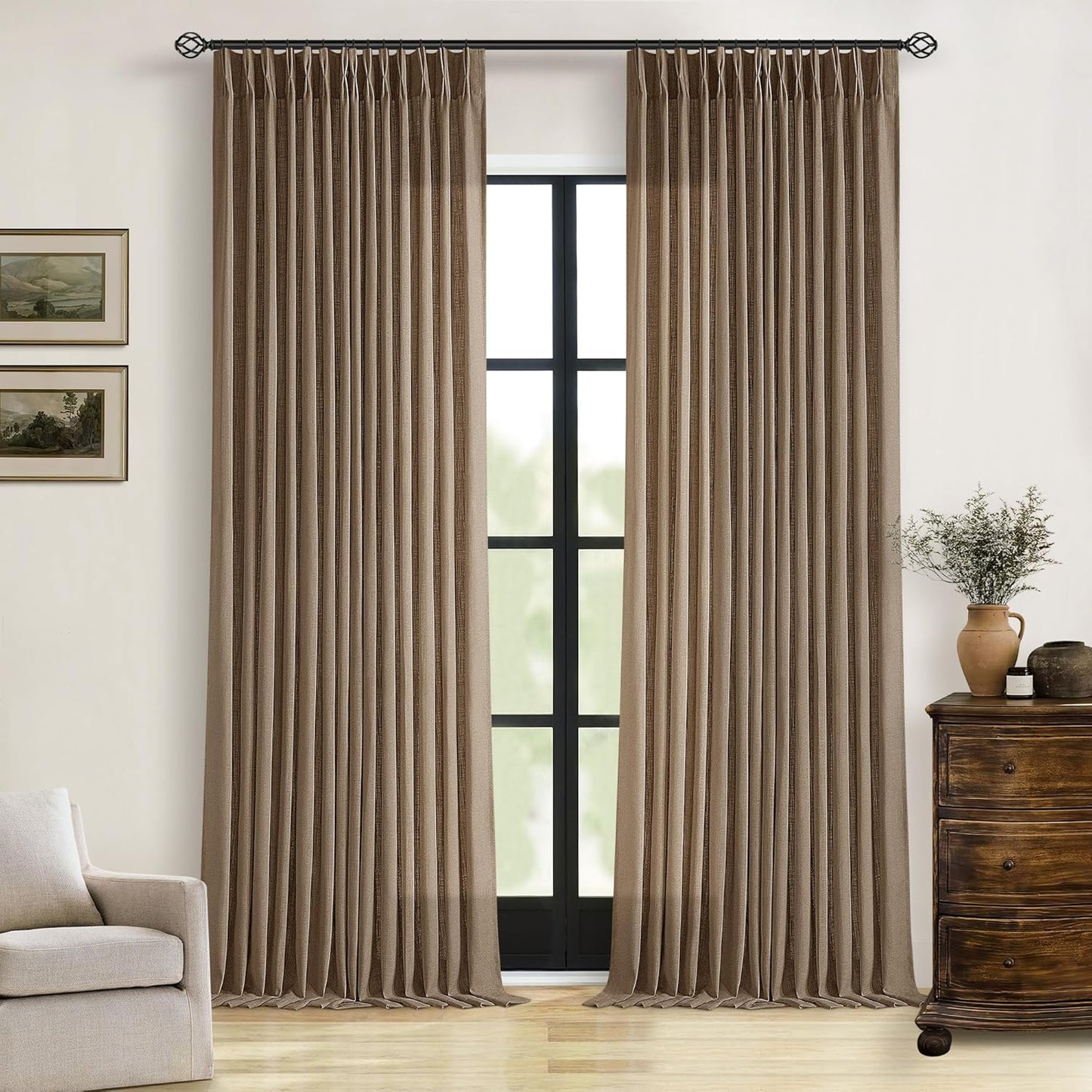 TWODRAPES Brown Pleated Linen Curtains 96 Inches Long Living Room 2 Panel Set Semi Sheer Light Filtering Pinch Pleat with Rings Hooks Drapes Boho Rustic Farmhouse Dutch Cocoa Curtain Bedroom Window