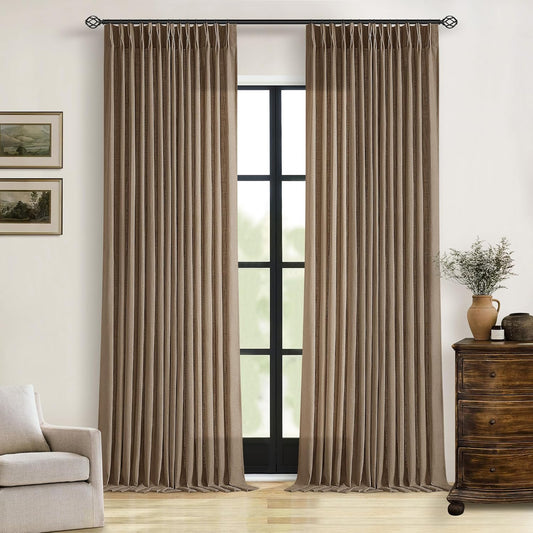 TWODRAPES Brown Pleated Linen Curtains 96 Inches Long Living Room 2 Panel Set Semi Sheer Light Filtering Pinch Pleat with Rings Hooks Drapes Boho Rustic Farmhouse Dutch Cocoa Curtain Bedroom Window