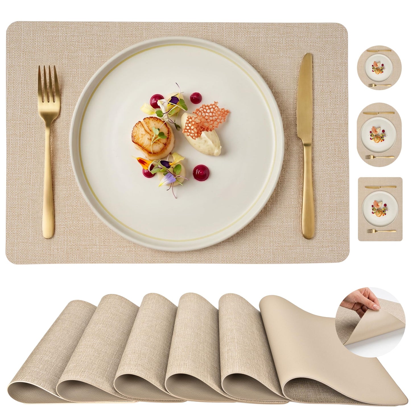 Faux Leather Placemats Set of 6, Wipeable Waterproof Stain Resistant Table Mats, Heat Resistant Thick Placemats with Hand-Painted Edges for Kitchen Dining, Imitative Linen Texture, Various Shapes BST326H