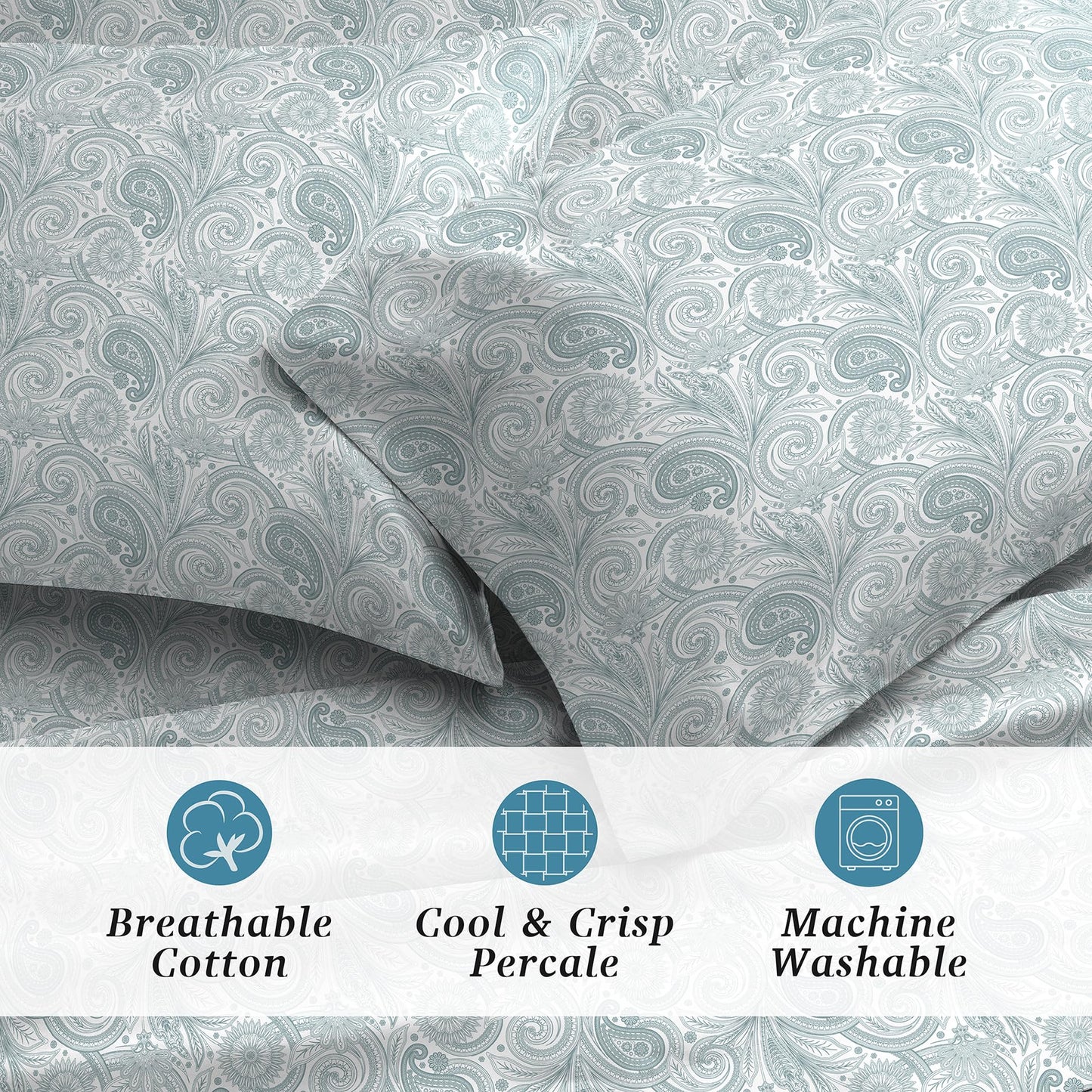 Welhome Twin Size Bed Sheet Set, 100% Cotton Percale Deep Pocket Super Soft Bedding Set, Cooling, Breathable & Extra Soft, Ethereal Paisley BST220