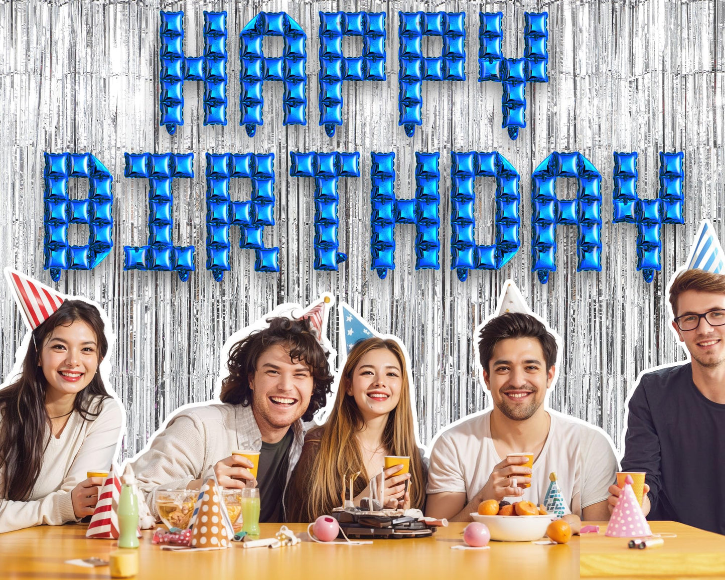 Seenelling Happy Birthday Balloons Banner with 3 Pack Silver Foil Fringe Backdrop 16 Inch Foil Letters Metallic Tinsel Fringe Curtains Reusable Inflatable Birthday Party Decorations(Blue) BST326L