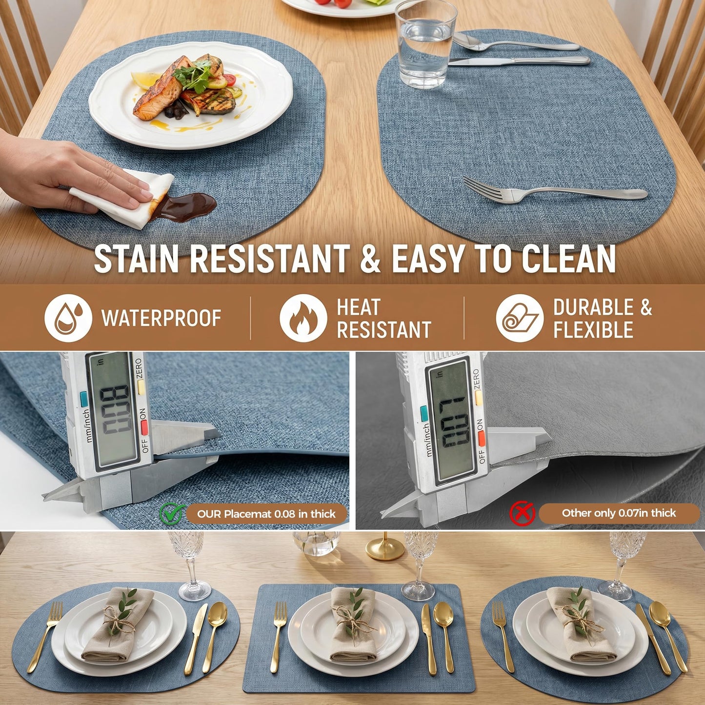 Faux Leather Placemats Set of 6, Wipeable Waterproof Stain Resistant Table Mats, Heat Resistant Thick Placemats with Hand-Painted Edges for Kitchen Dining, Imitative Linen Texture, Various Shapes BST326H