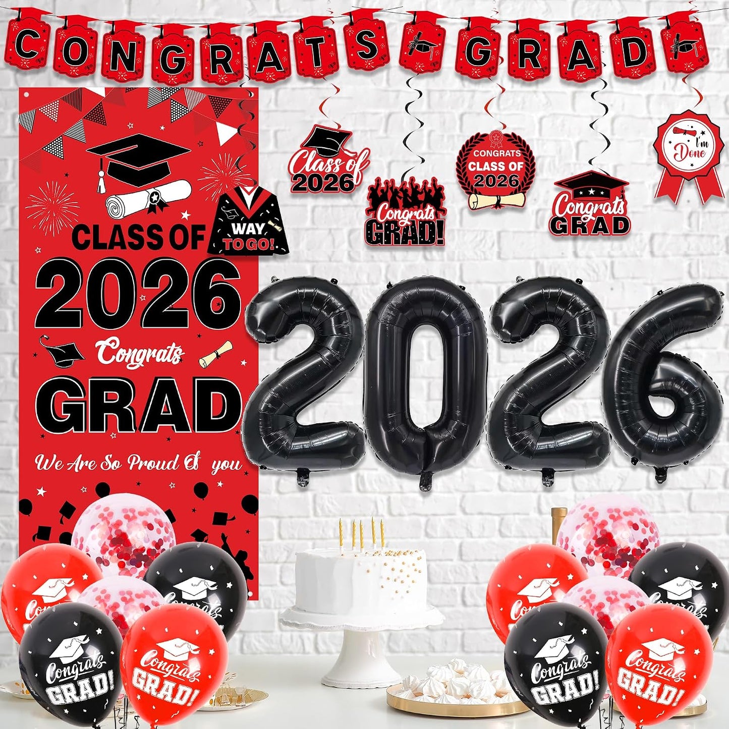 Class Of 2026 Graduation Decorations - 26 Pcs Red Black Congrats Grad Banners Vertical Backdrop Hanging Swirls Number Foil Balloons for Boys Girls High School College Grad Party Decoration Supplies BST220