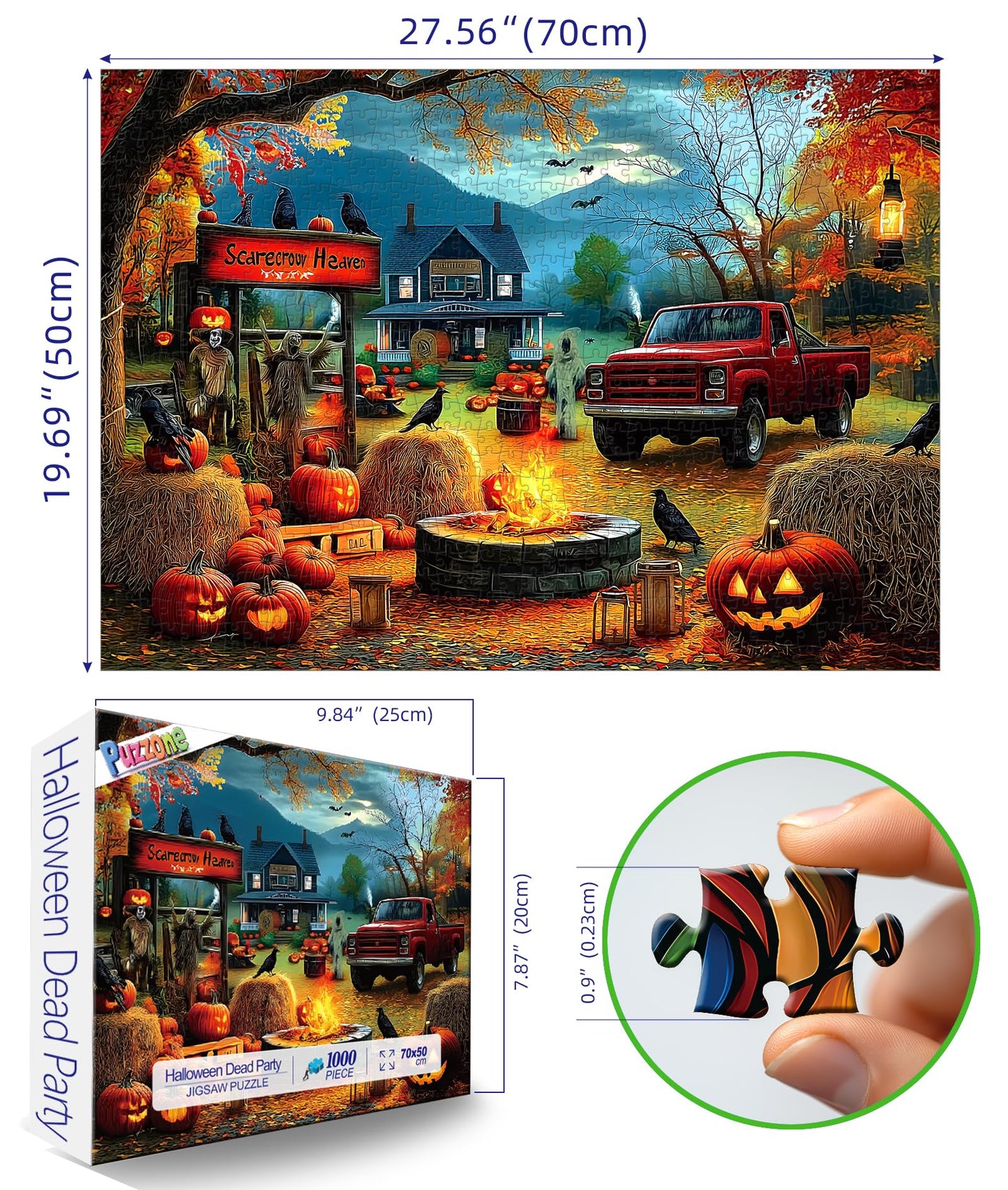 Halloween Puzzle 1000 Pieces for Adults Spooky Scarecrow Farm | Jigsaw Puzzles 1000 Pieces Autumn Horror Spooky with Pumpkin & Ghost Truck for Party Game Night, Dust-Free, 27.5"x19.7" WN420
