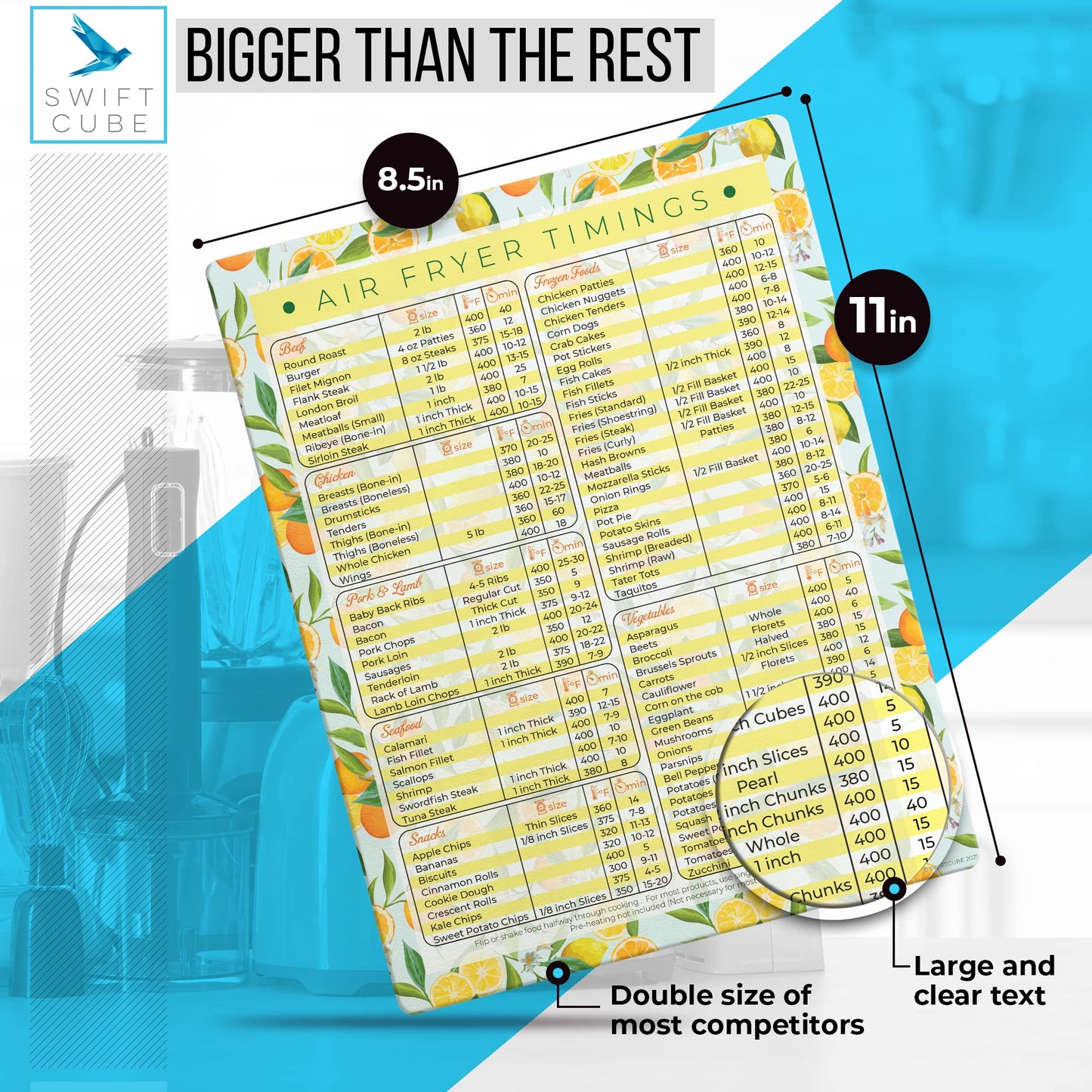SwiftCube Air Fryer Magnetic Cheat Sheets, Multicooker Cheat Sheet Recipe Magnets, with Cooking Temperature, Time & Size Chart Conversion Measurement, Orange-Lemon Kitchen Decor, 8.5"x11" Citrus Dream BST220