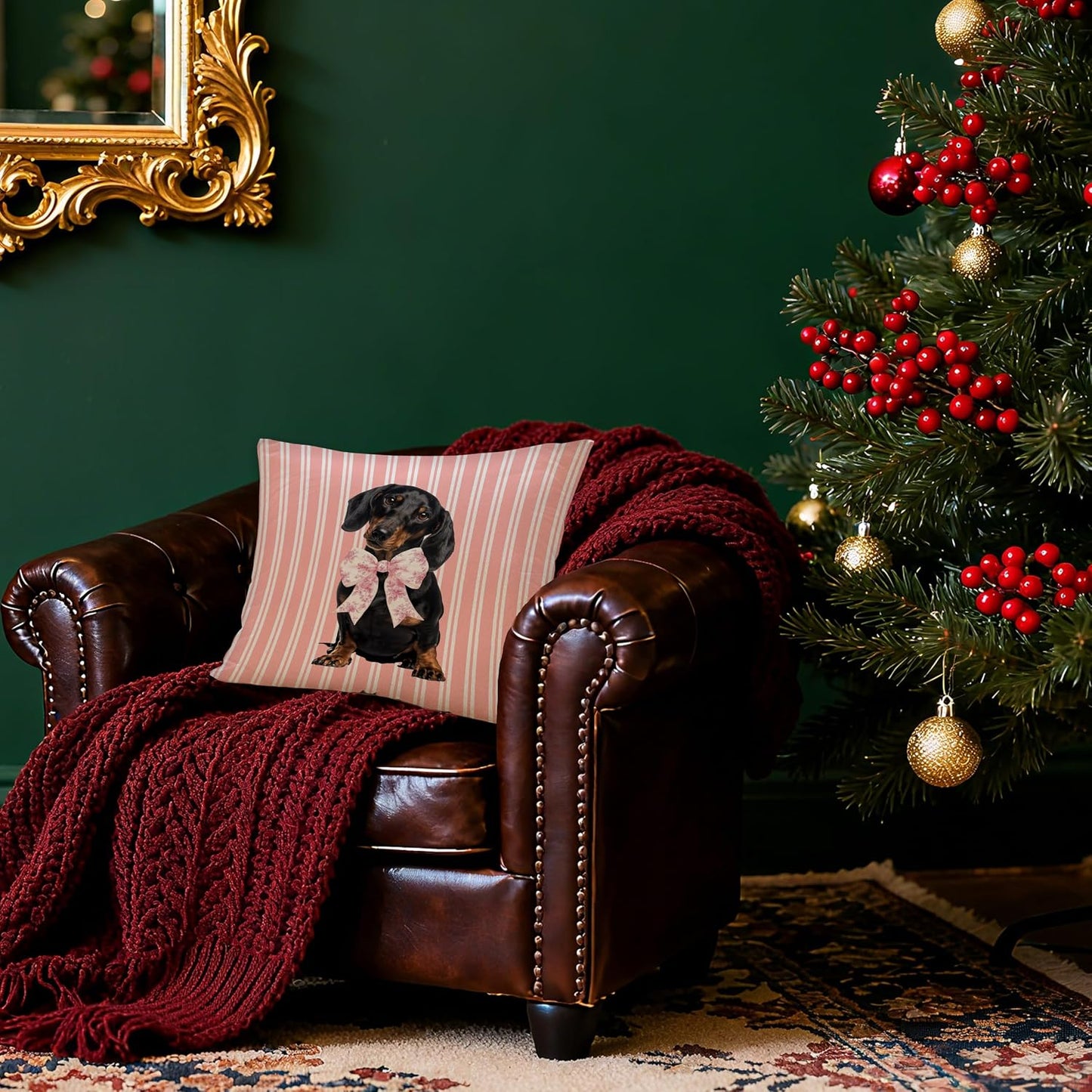 Coquette Pink Chinoiserie Bow Dachshund Pillow Covers 18x18, Dachshund Gifts for Women, Preppy Pink Striped Cute Weiner Dog Decorative Pillow Covers for Girls Bedroom Living Room Home BST202