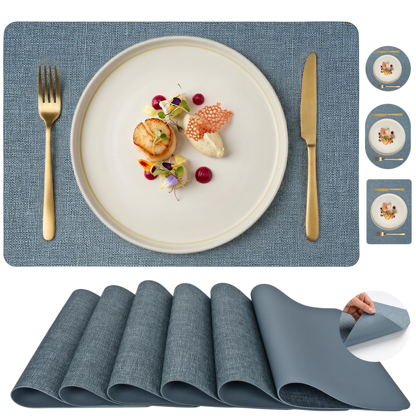Faux Leather Placemats Set of 6, Wipeable Waterproof Stain Resistant Table Mats, Heat Resistant Thick Placemats with Hand-Painted Edges for Kitchen Dining, Imitative Linen Texture, Various Shapes BST326H