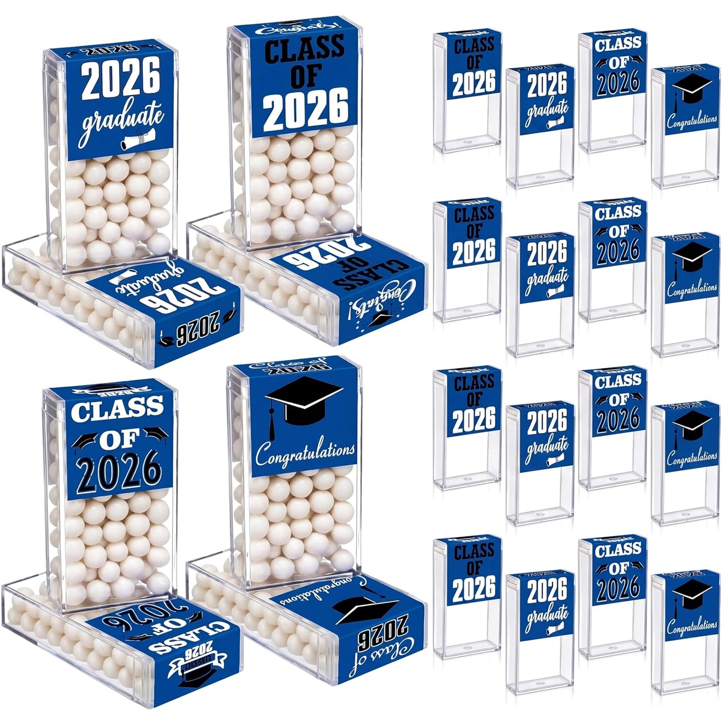 AceOrbit 2026 Graduation Candy Jar Bulk for 24 Guest 3.54 Inch Empty After Dinner Candy Tube Buffet Container Acrylic Box with Sticker for Class of 2026 End of Year Gifts Multi-item Party Favor(Blue) WN420