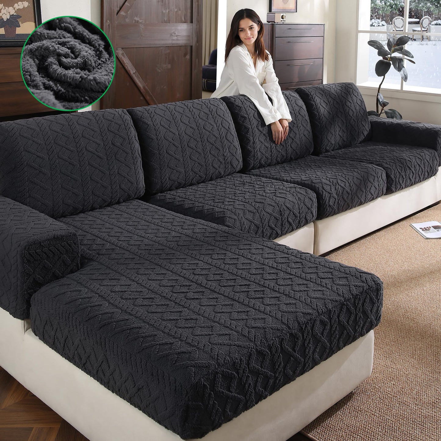 OHSIO Couch Cover, Stretch Sofa Cover, Soft Seat Cushion Covers Washable, Sectional L Shape Sofa Slipcover, Wear Stain Resistant Pet Friendly Furniture Protector for Home (1 Seat Cover L, Dark Gray) BST326H