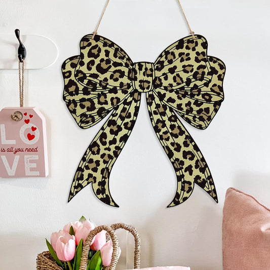 Valentine's Day Door Sign - Bow Shape Wood Hanging Decorations for Wall Bedroom Art, Sweet Welcome Door Sign for Apartment Indoor Outdoor Porch Hang Ornament 11.2x13 Inch (Leopard) BST326L