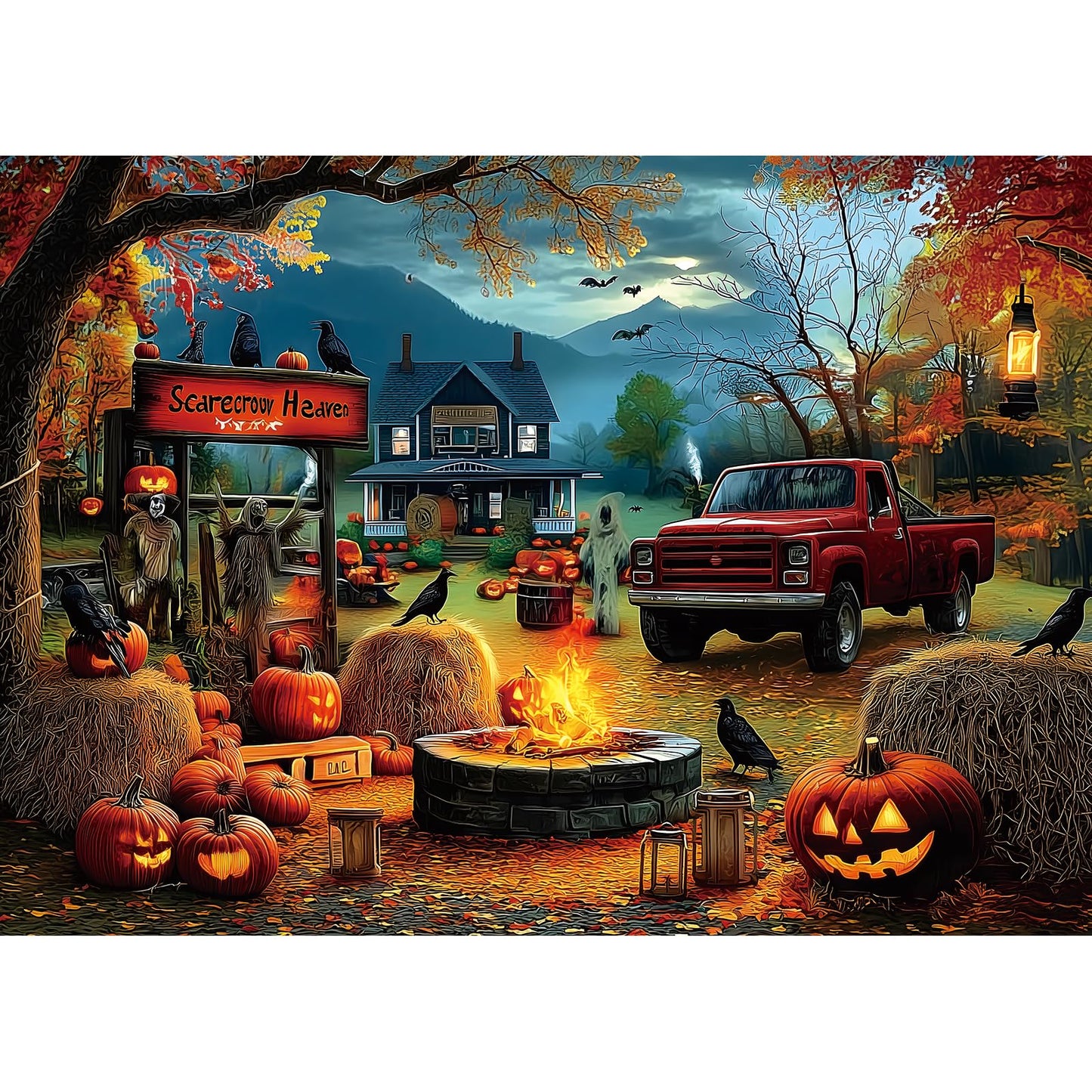 Halloween Puzzle 1000 Pieces for Adults Spooky Scarecrow Farm | Jigsaw Puzzles 1000 Pieces Autumn Horror Spooky with Pumpkin & Ghost Truck for Party Game Night, Dust-Free, 27.5"x19.7" WN420