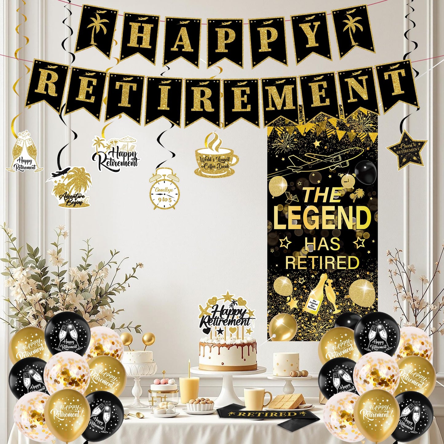 Happy Retirement Party Decorations Women - 33 Pcs Black Rose Gold Banners Hanging Swirls Glitter Cupcake Cake Toppers Backdrop Sparkling Sash Confetti Balloons for Retire Decoration Party Supplies BST326L