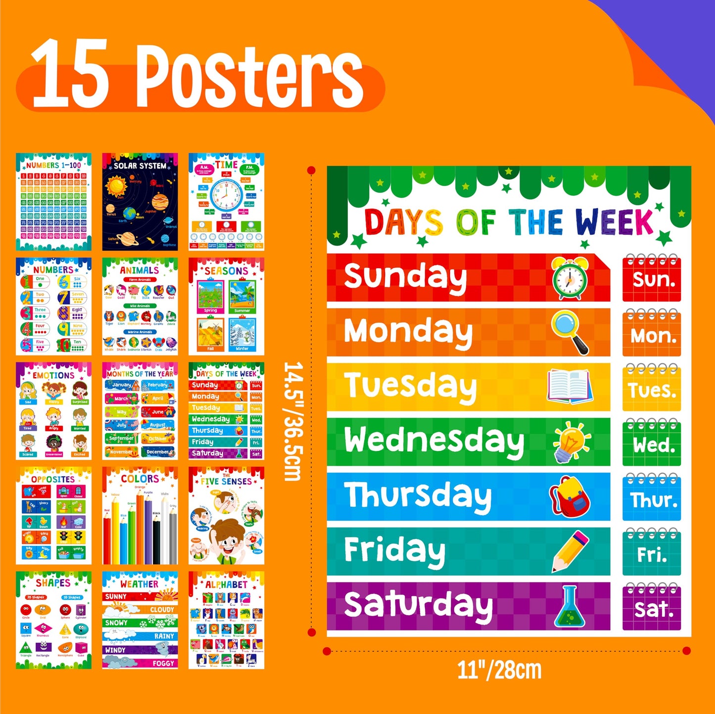 15 Reading Strategy Posters, Thick Water & Tear Resistant English Language Poster, Educational Reading Comprehension Posters for Bulletin Board, Classroom, School Supplies, Wall Decor (14.5” x 11”) BST220