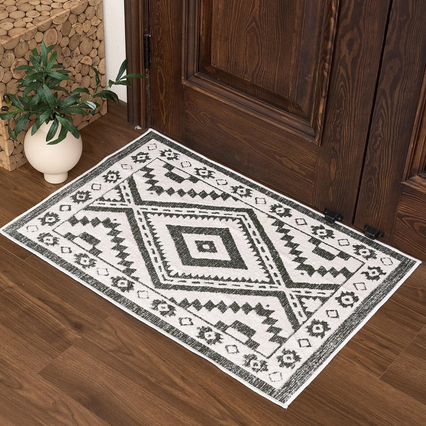 Moroccan Washable Area Rug 3x5, Geometric Tribal Decorative Woven Rug, Non-Slip Boho Farmhouse Soft Low-Pile Area Rug for Living Room Bedroom Nursery Dining Table, Dark Brown/White BST326H