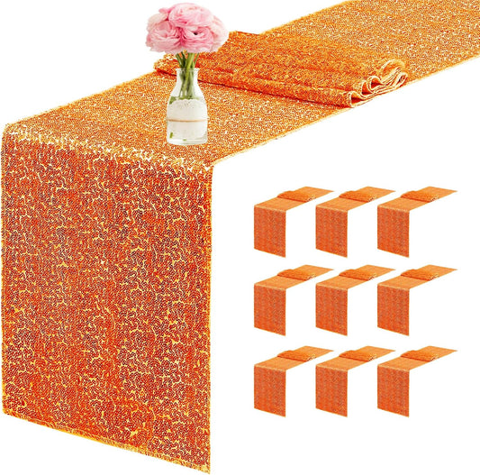 10 Packs 12 x 72 inches Sequin Table Runner, Orange Glitter Table Runner for Birthday Party Supplies Wedding Engagement Baby Shower Holiday Celebration Event Decorations WN420