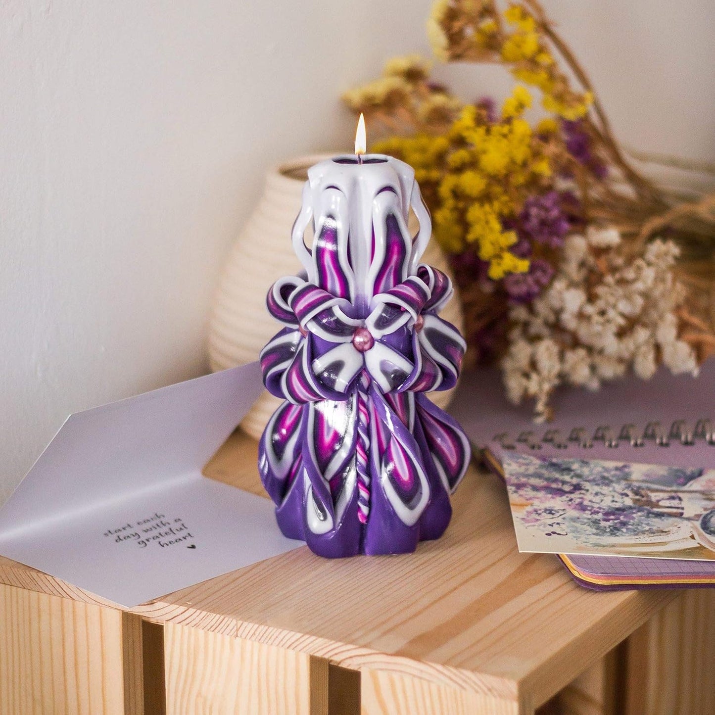 Completely Handcrafted Carved Candles by Size 6 inch - Made by 16th Century Techtology - Purple & Pink & White Hand Decorative Gift