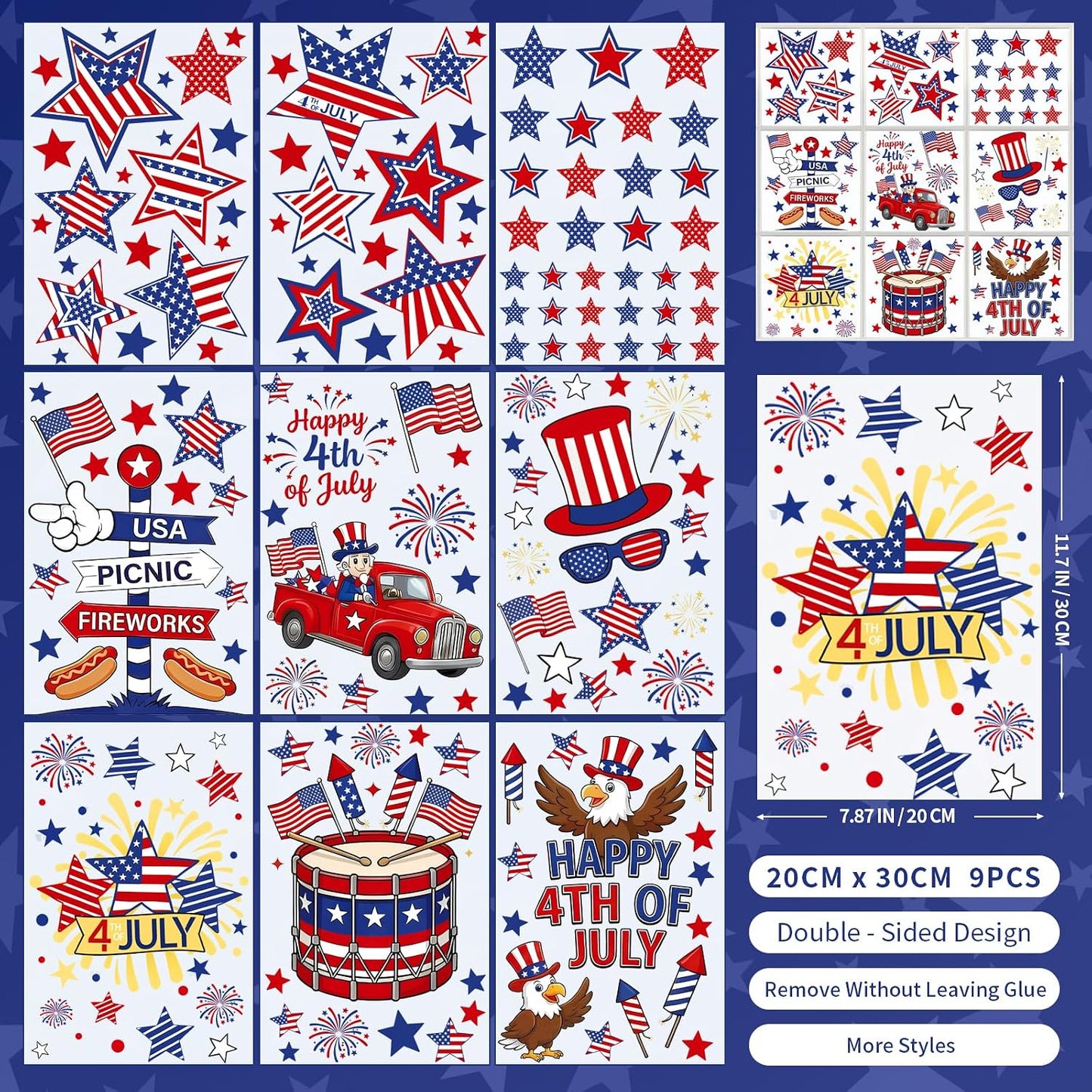 9 Sheets 4th of July Window Clings Double Sided Reusable Independence Day Window Decals Stickers for Festival Holiday Party Shop Glass Display Decoration BST326L